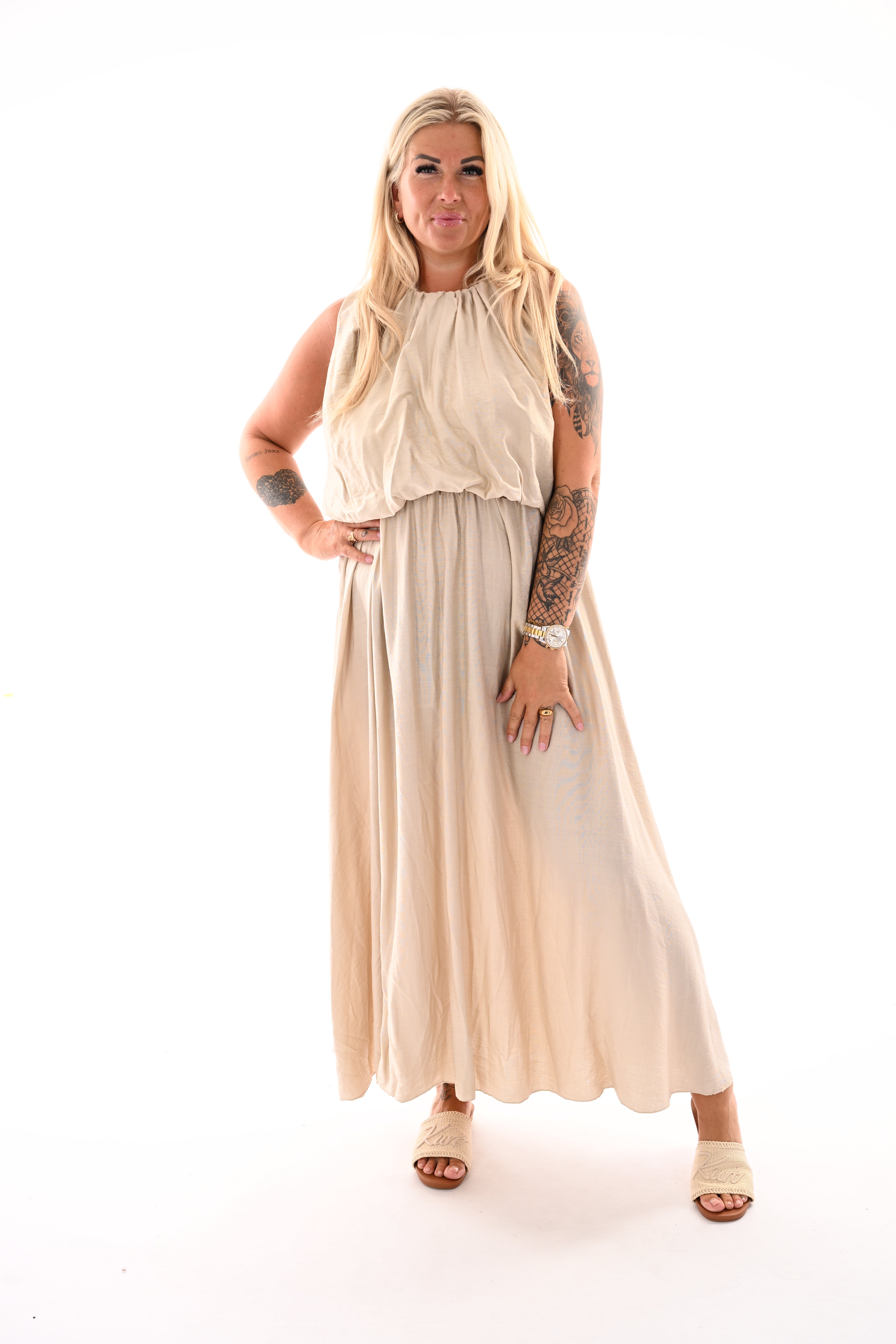 Lange jurk ballon fit uni beige