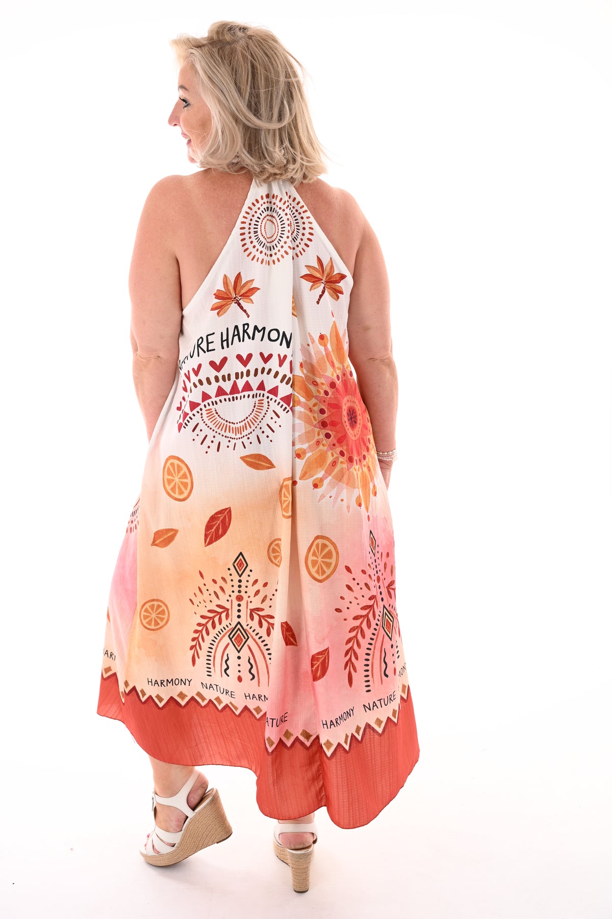 Lange jurk halter tropische print brique/lichtroze