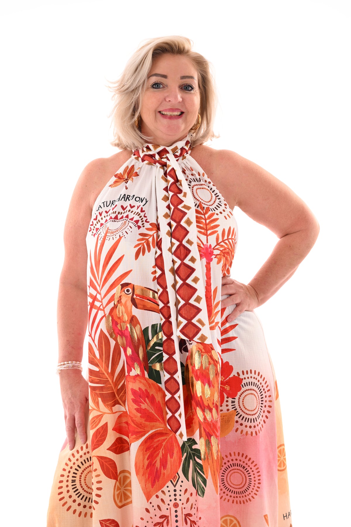 Lange jurk halter tropische print brique/lichtroze