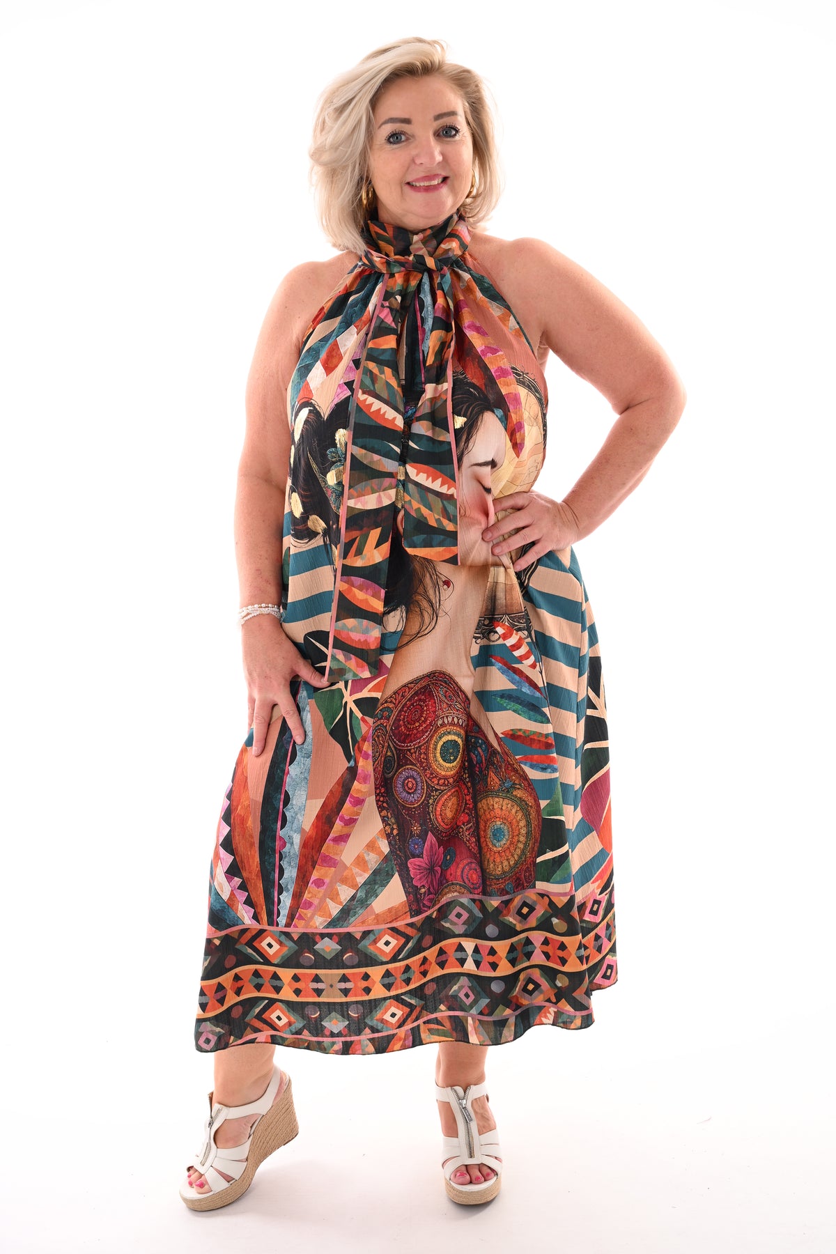 Lange jurk halter tropische print beige/petrol