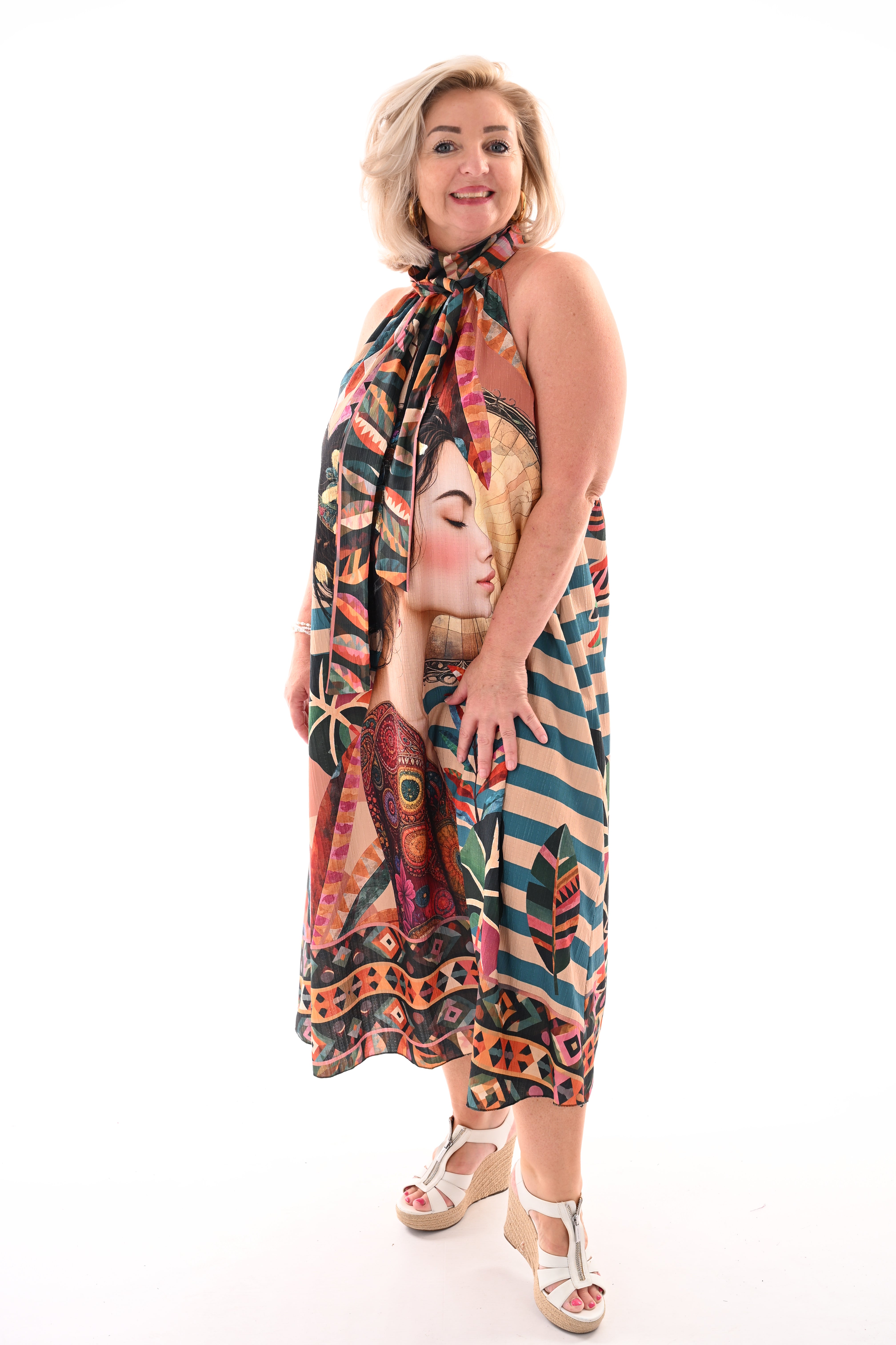Lange jurk halter tropische print beige/petrol