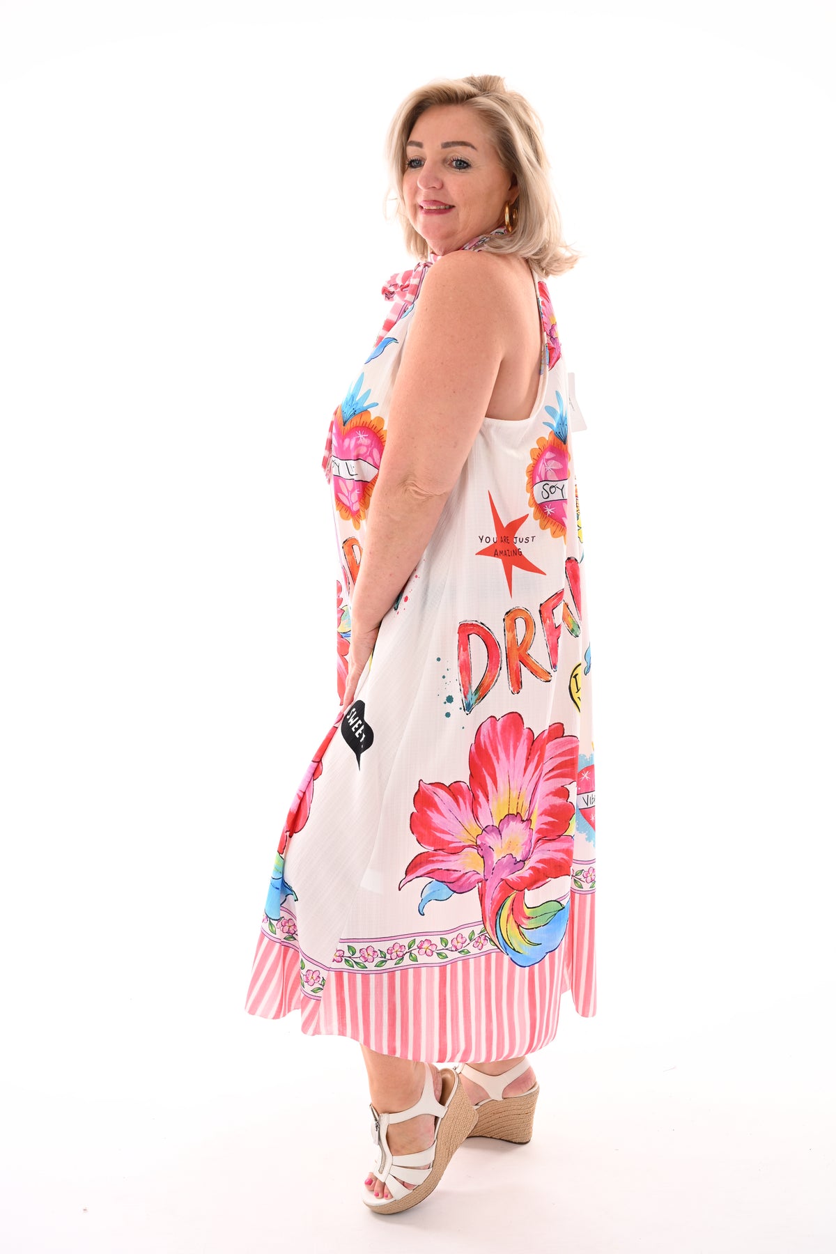 Lange jurk halter tropische print wit/roze