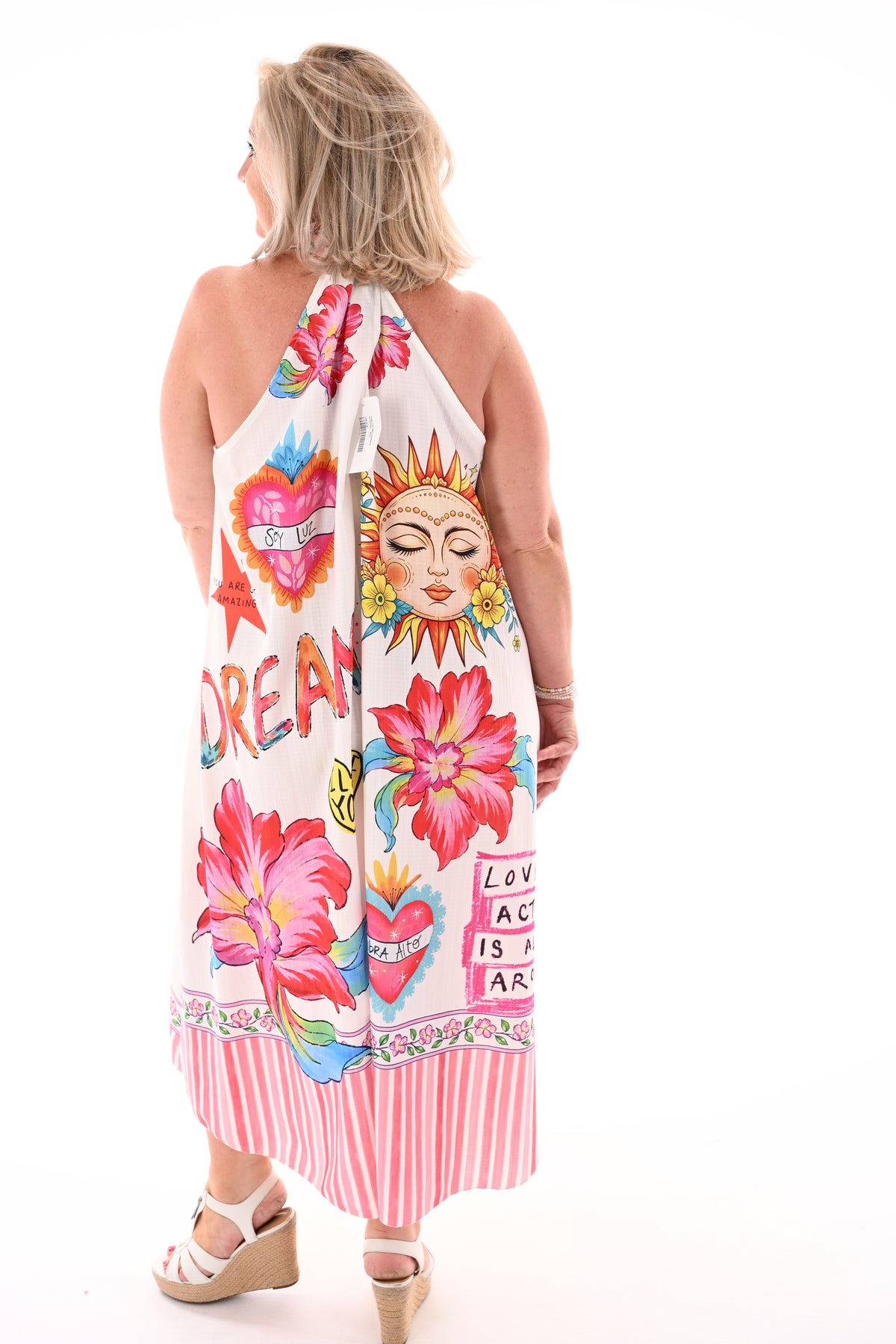 Lange jurk halter tropische print wit/roze