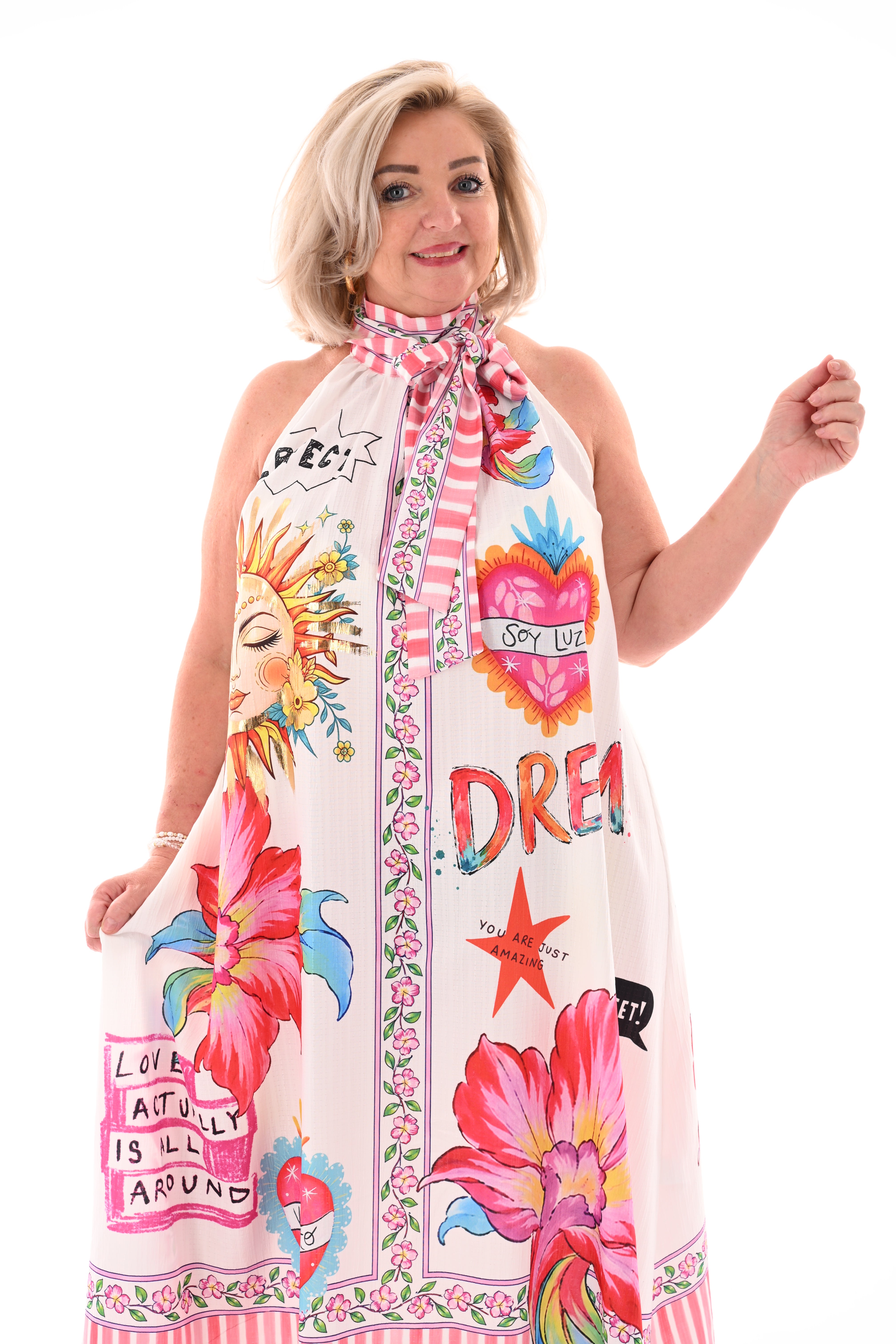 Lange jurk halter tropische print wit/roze