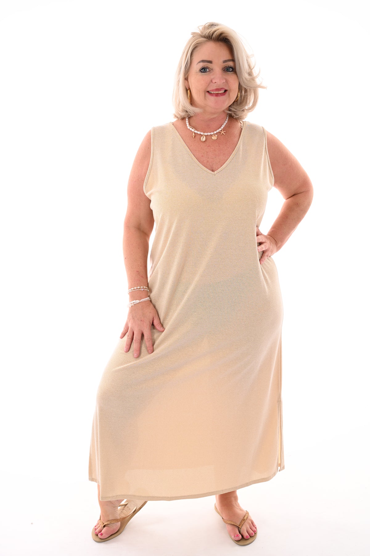 Lange jurk lurex mouwloos beige