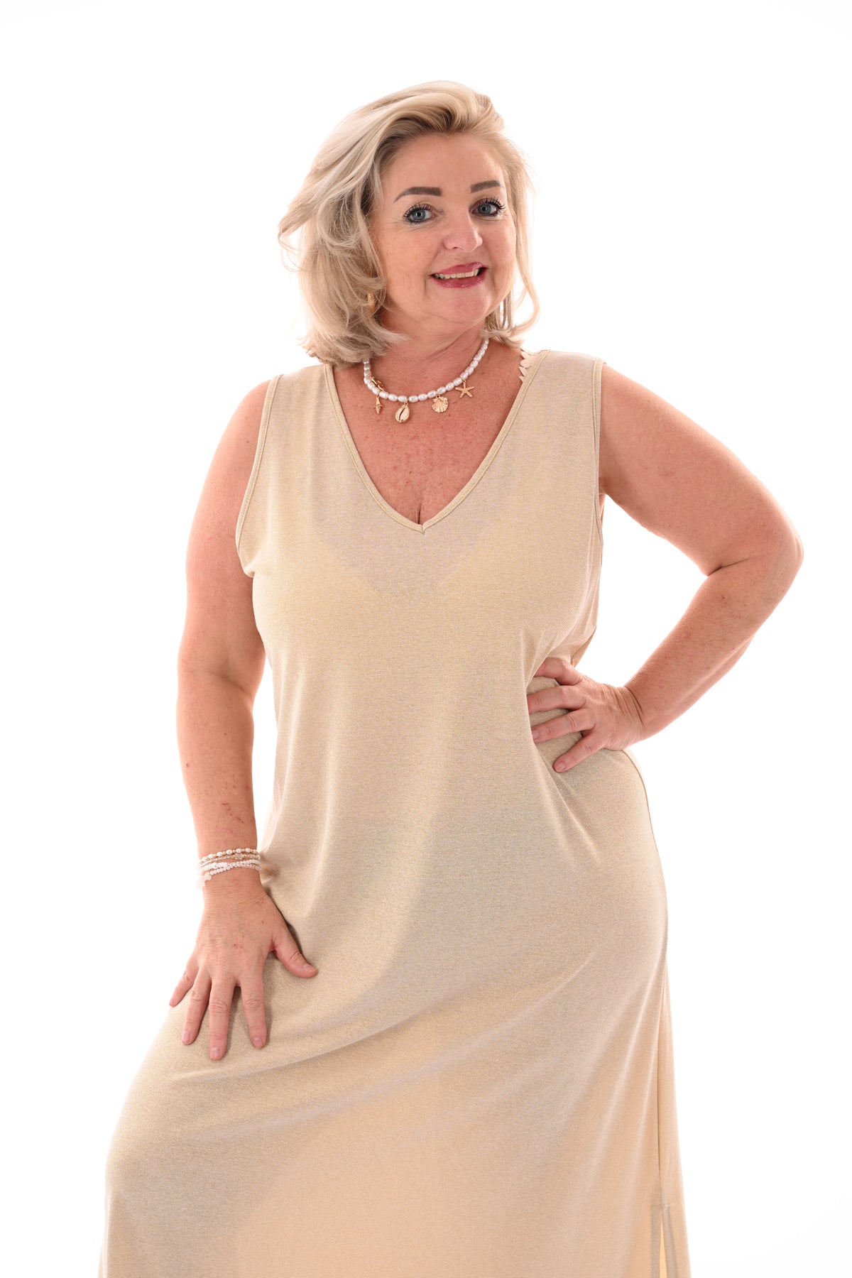 Lange jurk lurex mouwloos beige