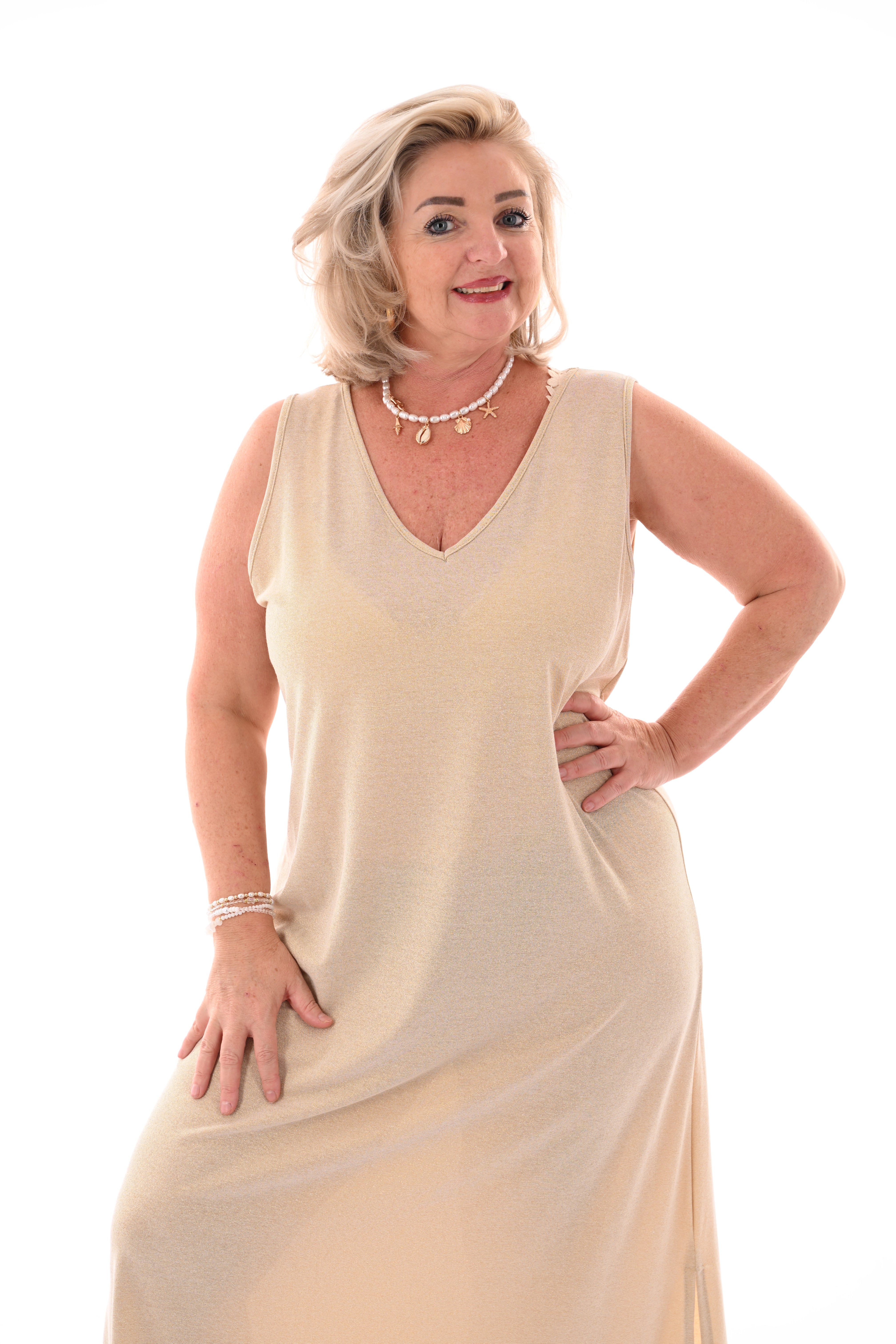 Lange jurk lurex mouwloos beige