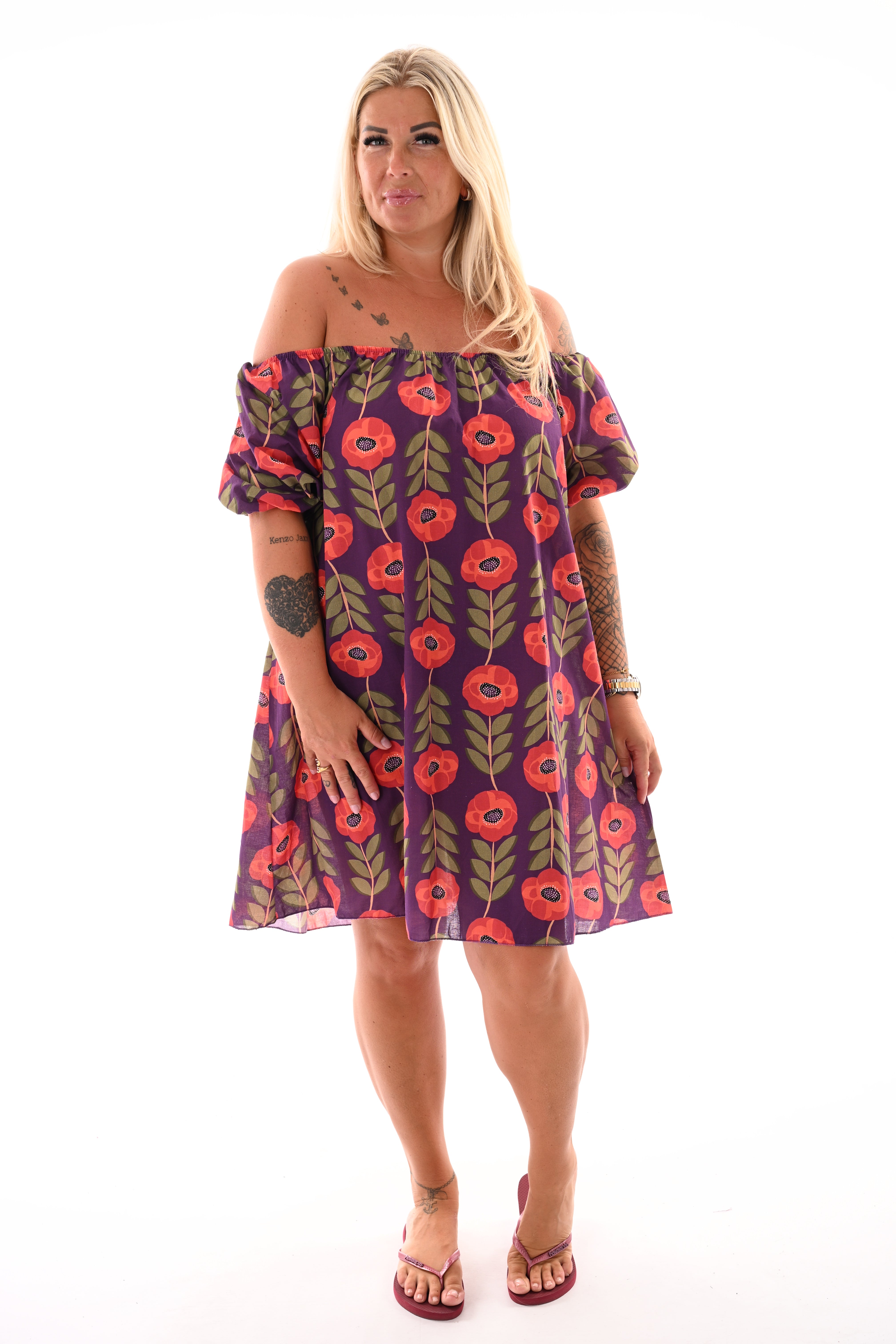 Off-shoulder jurk korte pofmouwen bloemen donkerpaars/rood