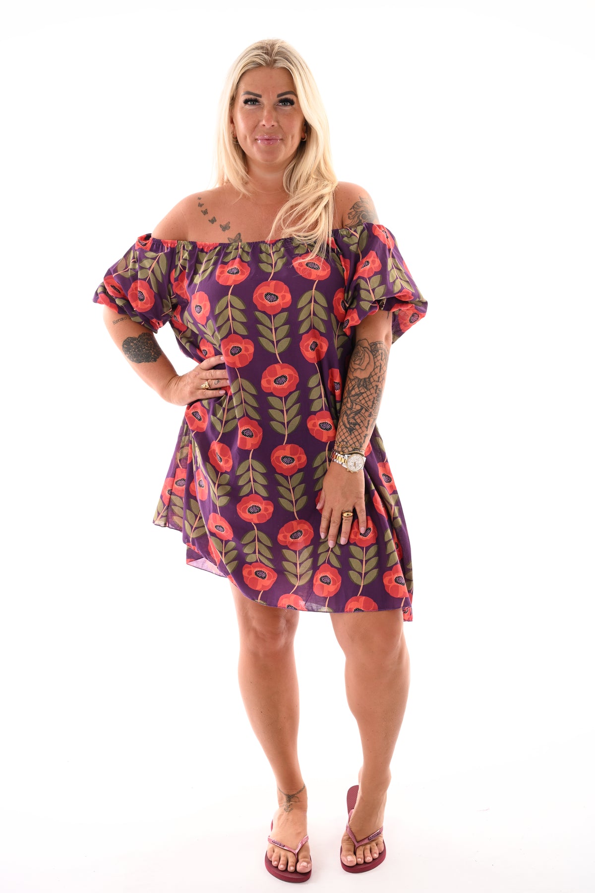 Off-shoulder jurk korte pofmouwen bloemen donkerpaars/rood