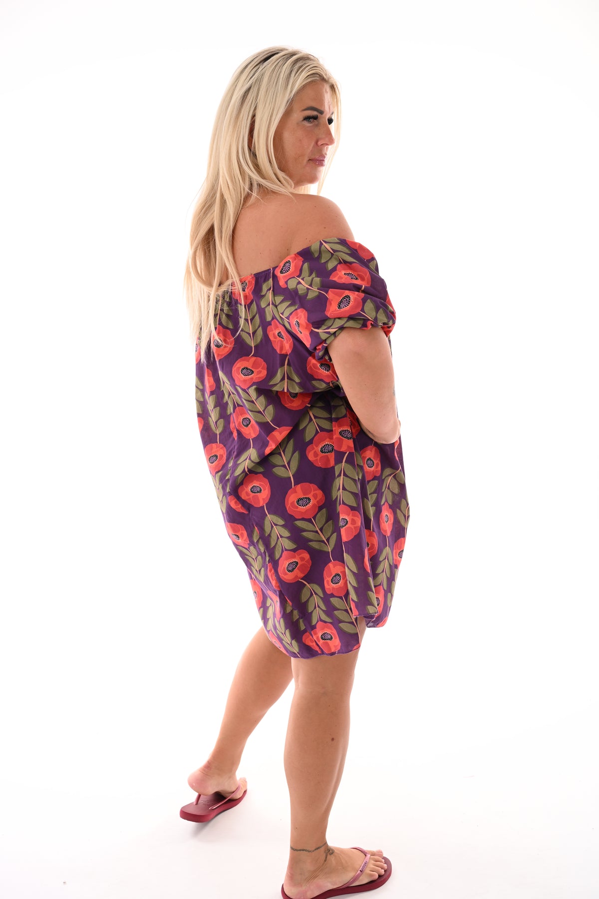 Off-shoulder jurk korte pofmouwen bloemen donkerpaars/rood