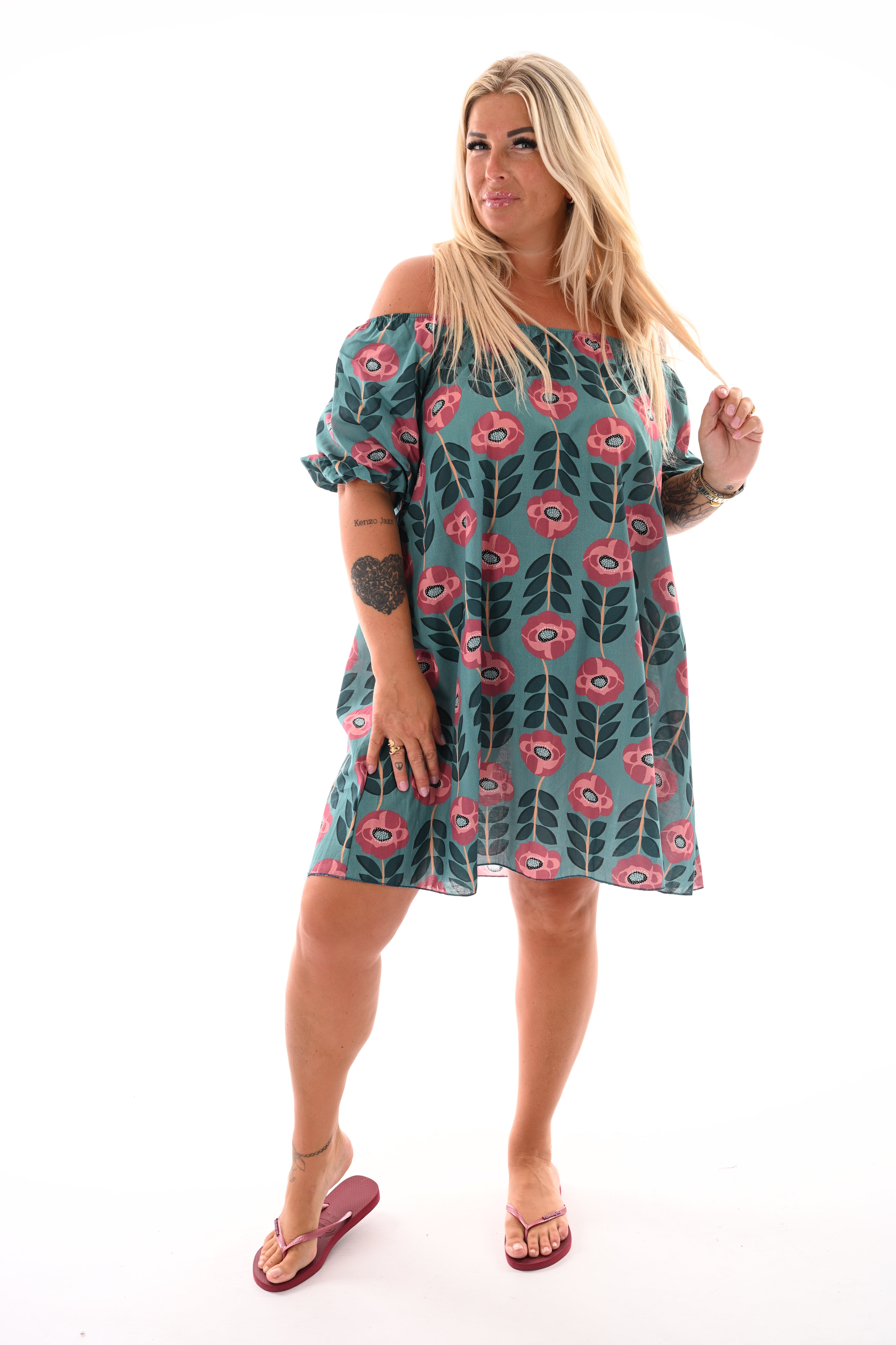 Off-shoulder jurk korte pofmouwen bloemen turquoise/mauve