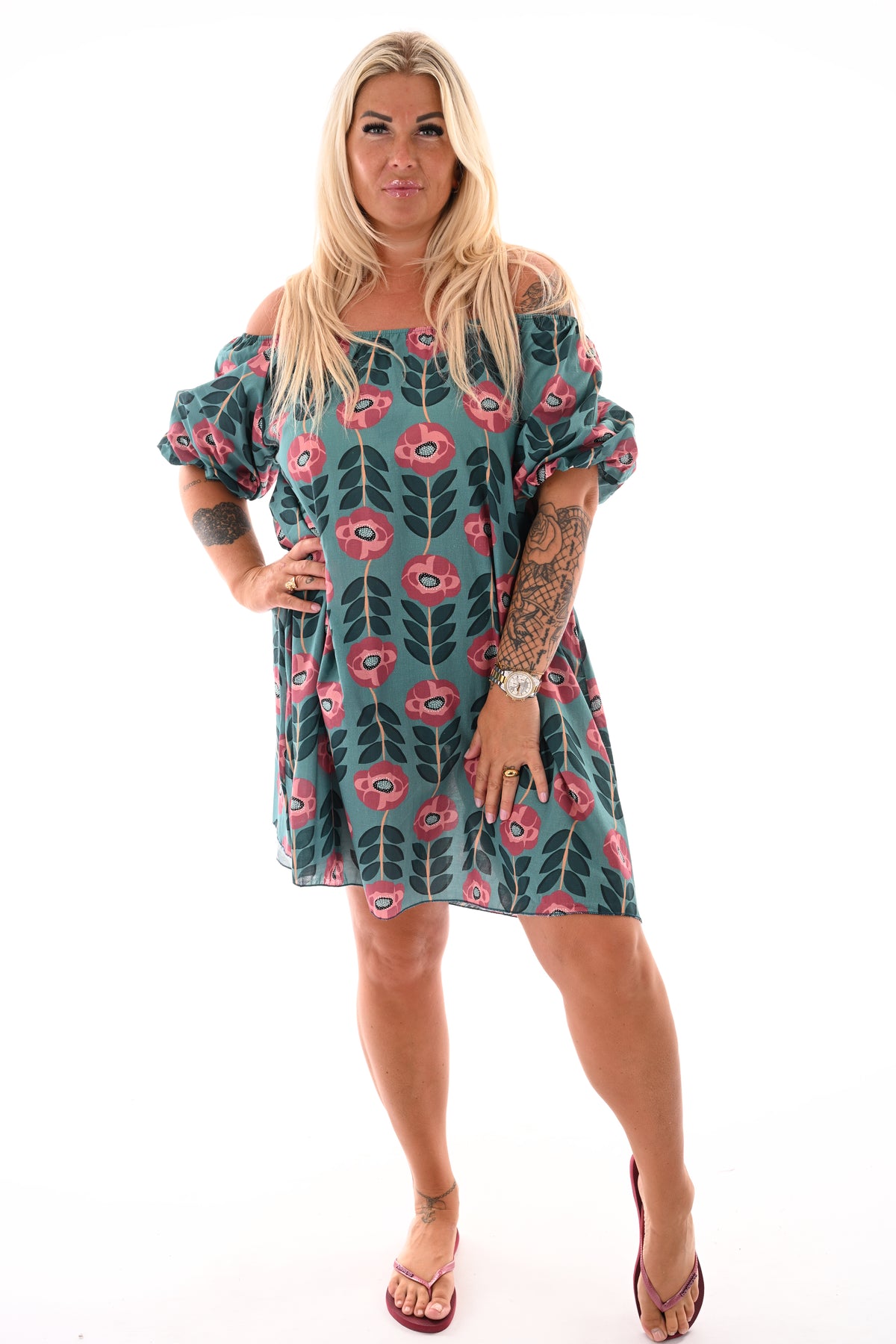 Off-shoulder jurk korte pofmouwen bloemen turquoise/mauve