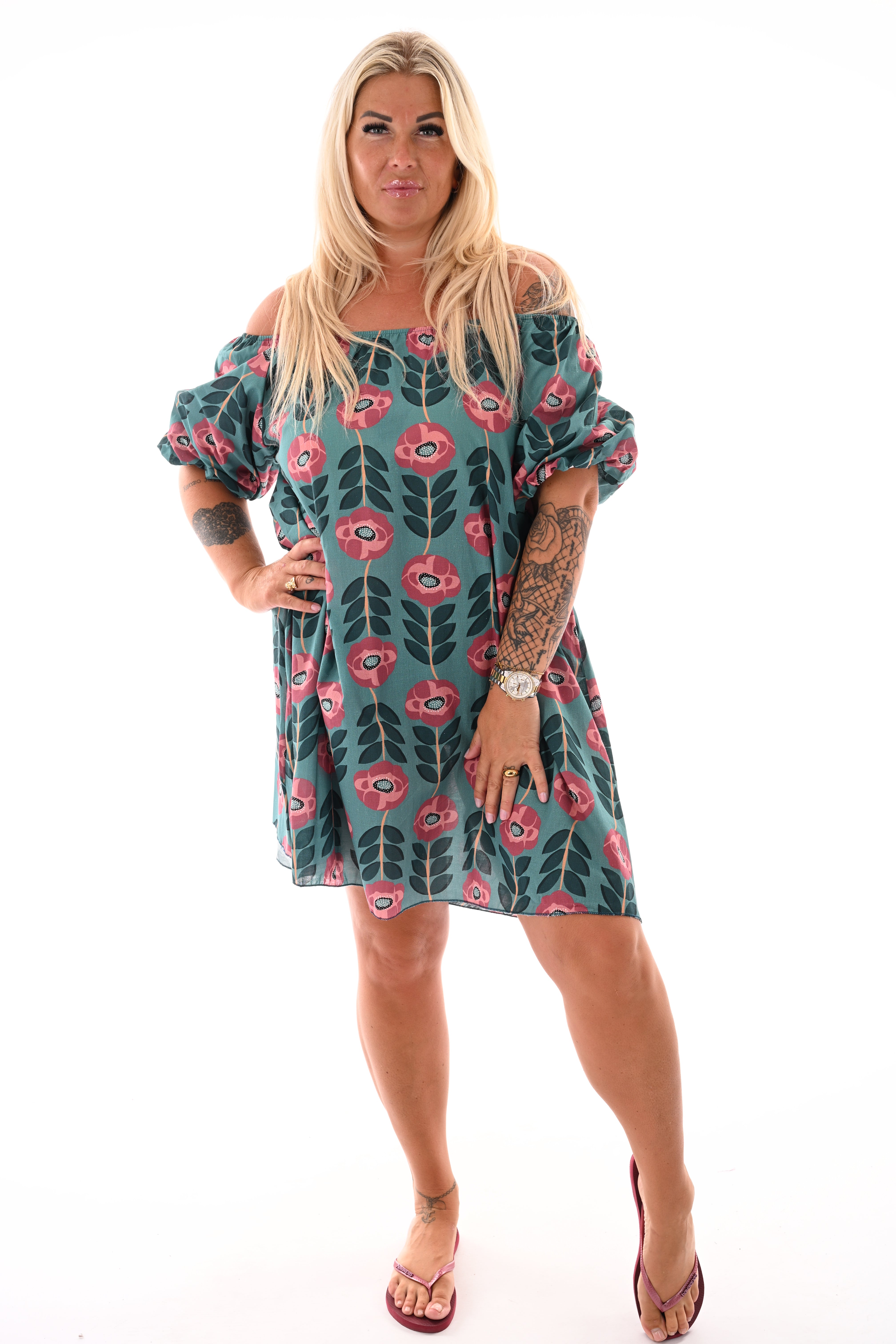 Off-shoulder jurk korte pofmouwen bloemen turquoise/mauve