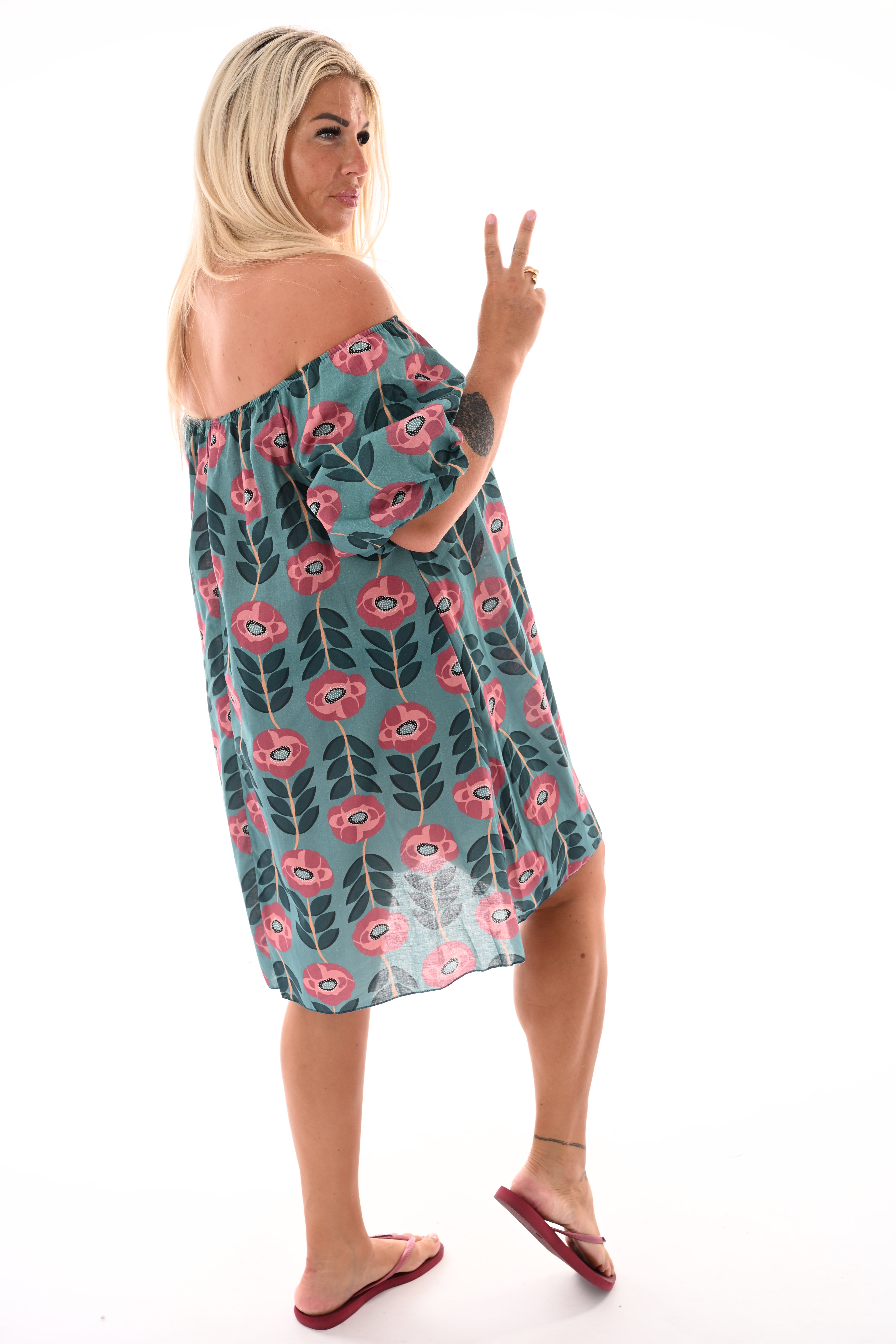 Off-shoulder jurk korte pofmouwen bloemen turquoise/mauve
