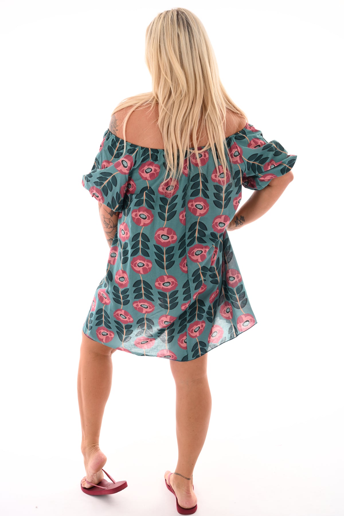 Off-shoulder jurk korte pofmouwen bloemen turquoise/mauve