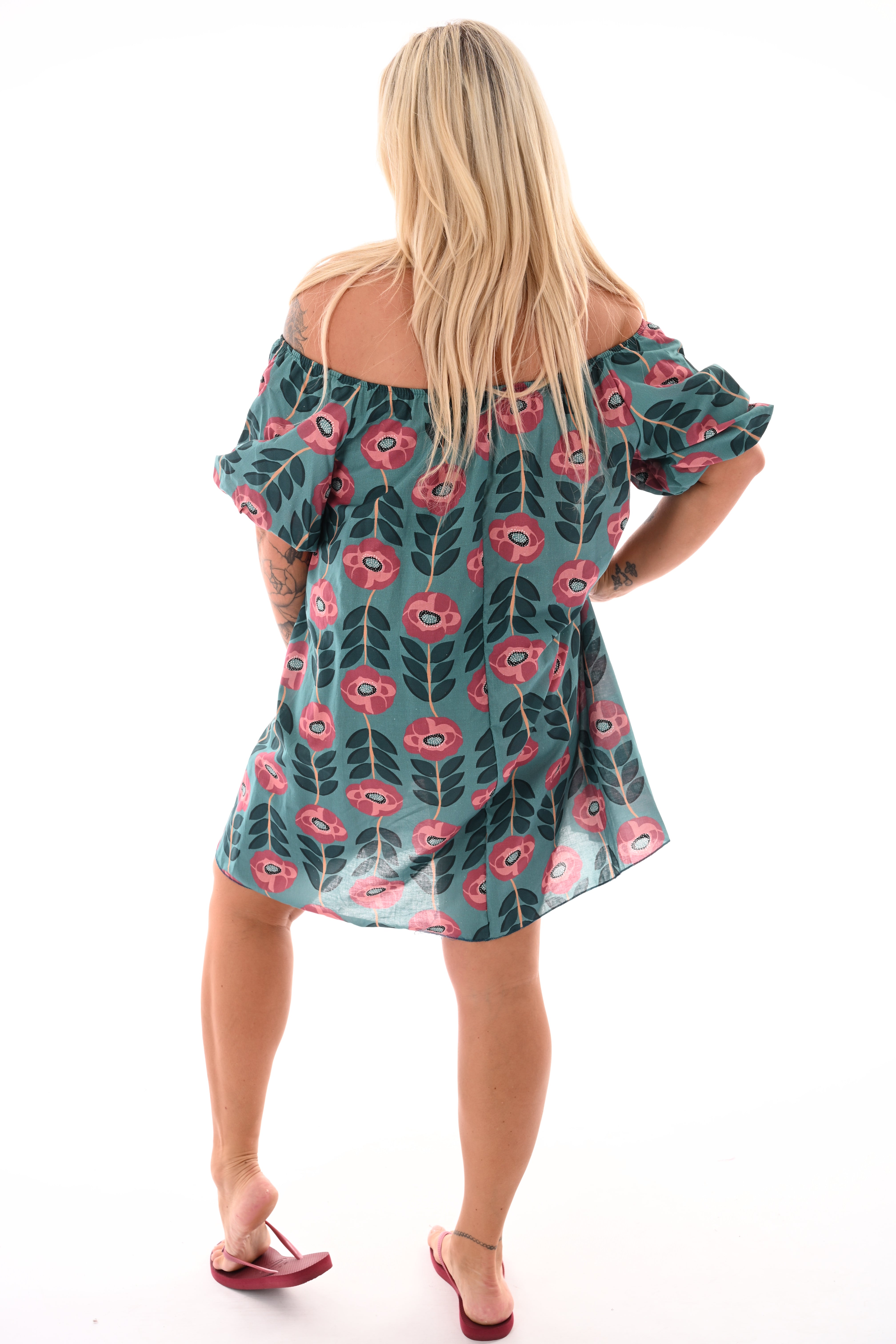 Off-shoulder jurk korte pofmouwen bloemen turquoise/mauve