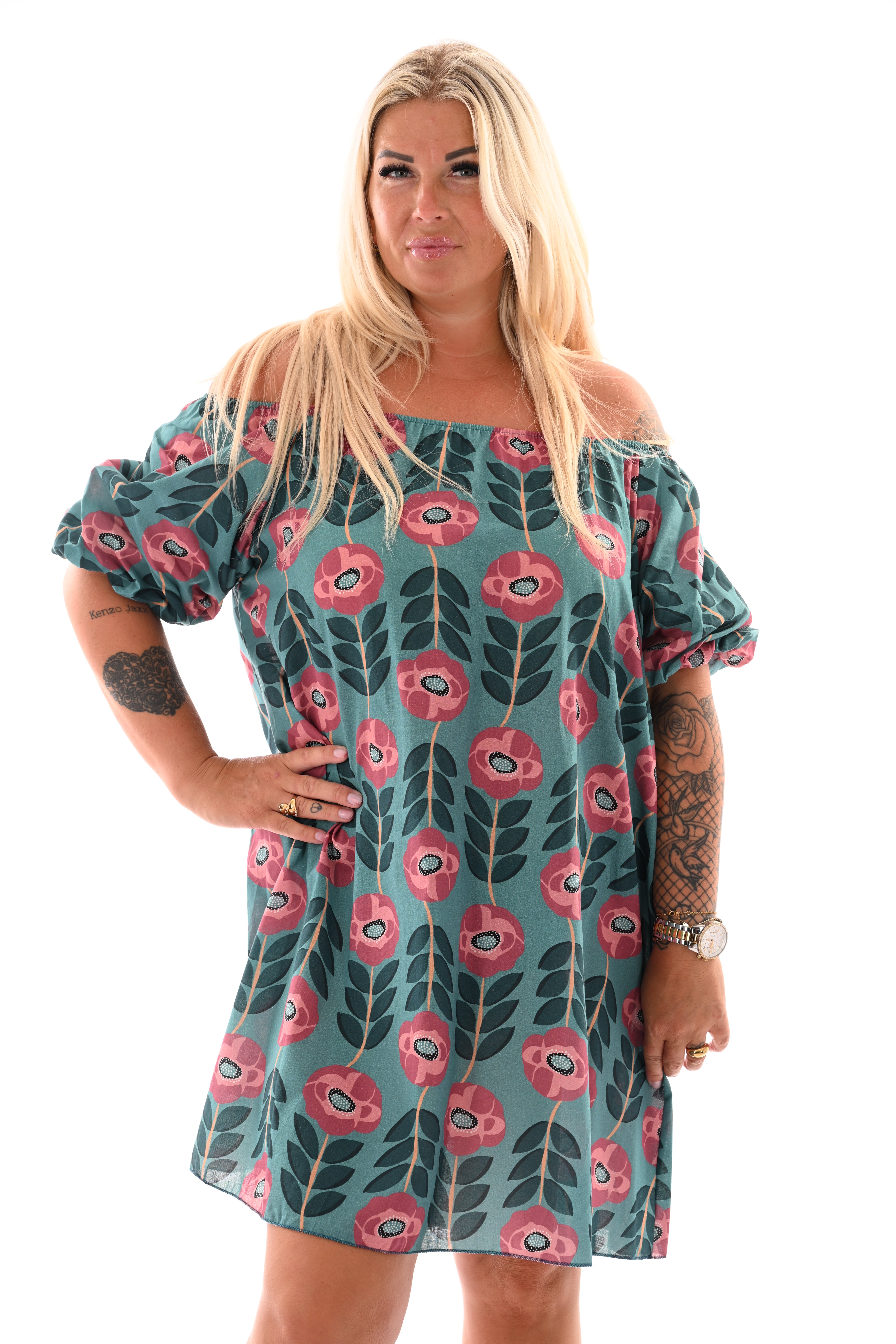 Off-shoulder jurk korte pofmouwen bloemen turquoise/mauve