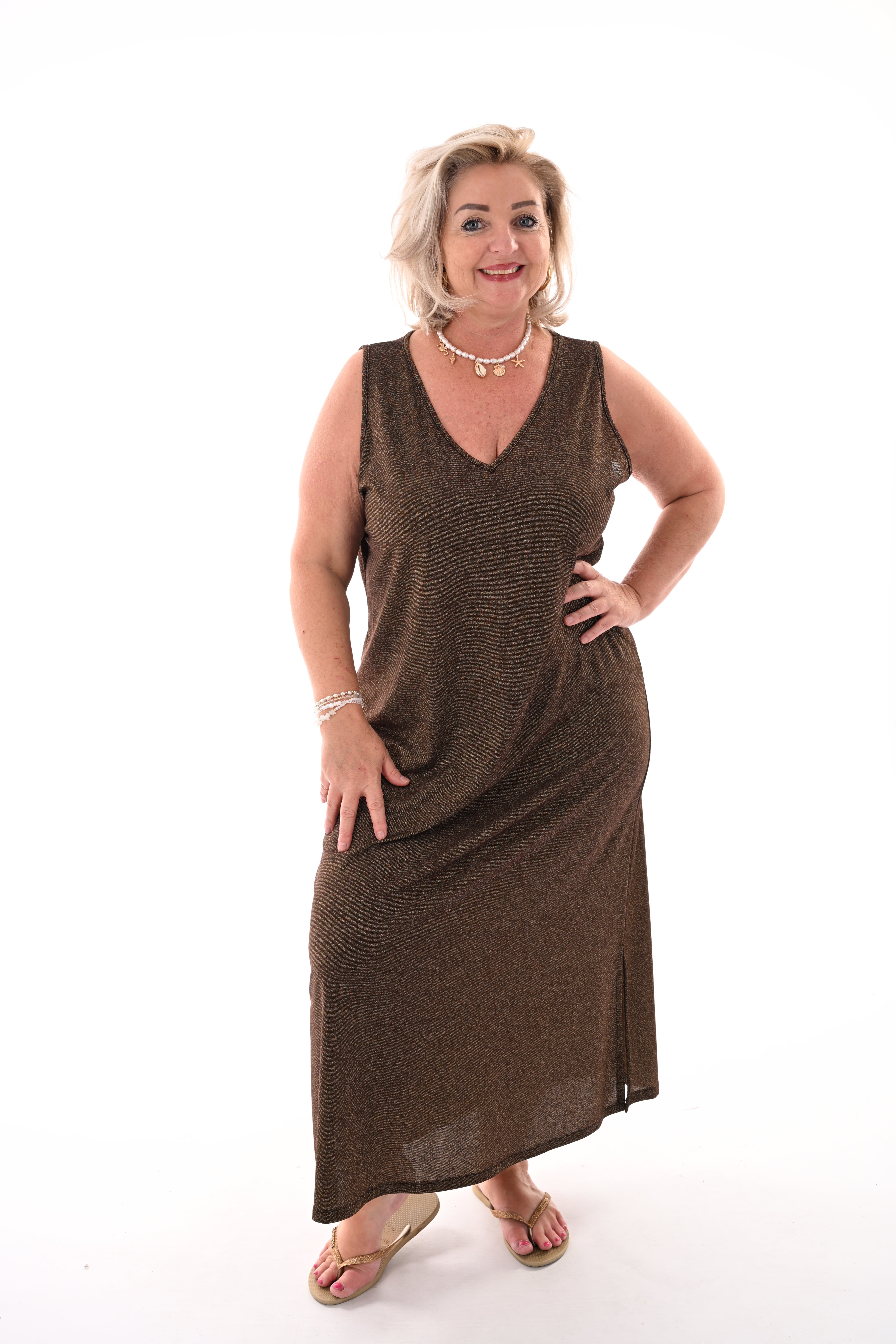 Lange jurk lurex mouwloos bruin