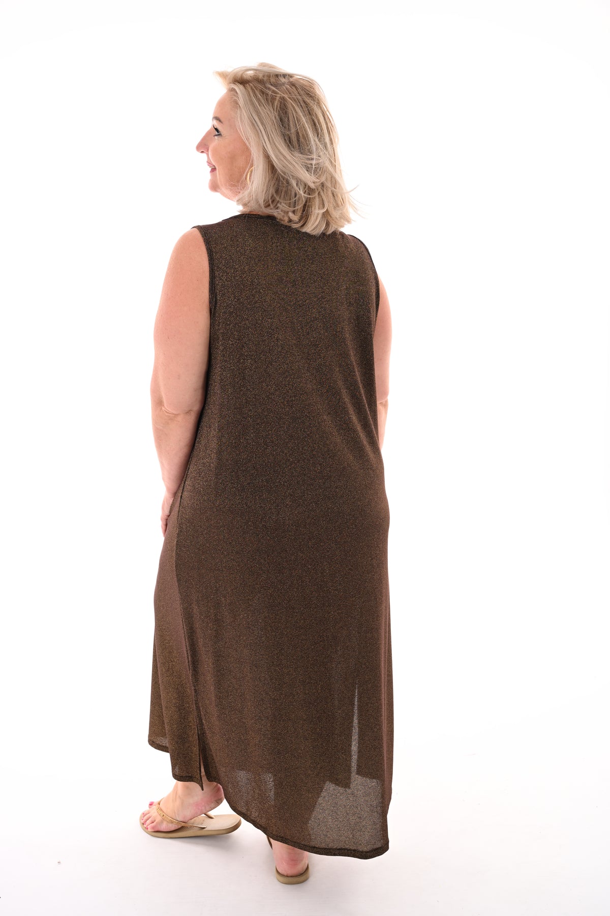 Lange jurk lurex mouwloos bruin