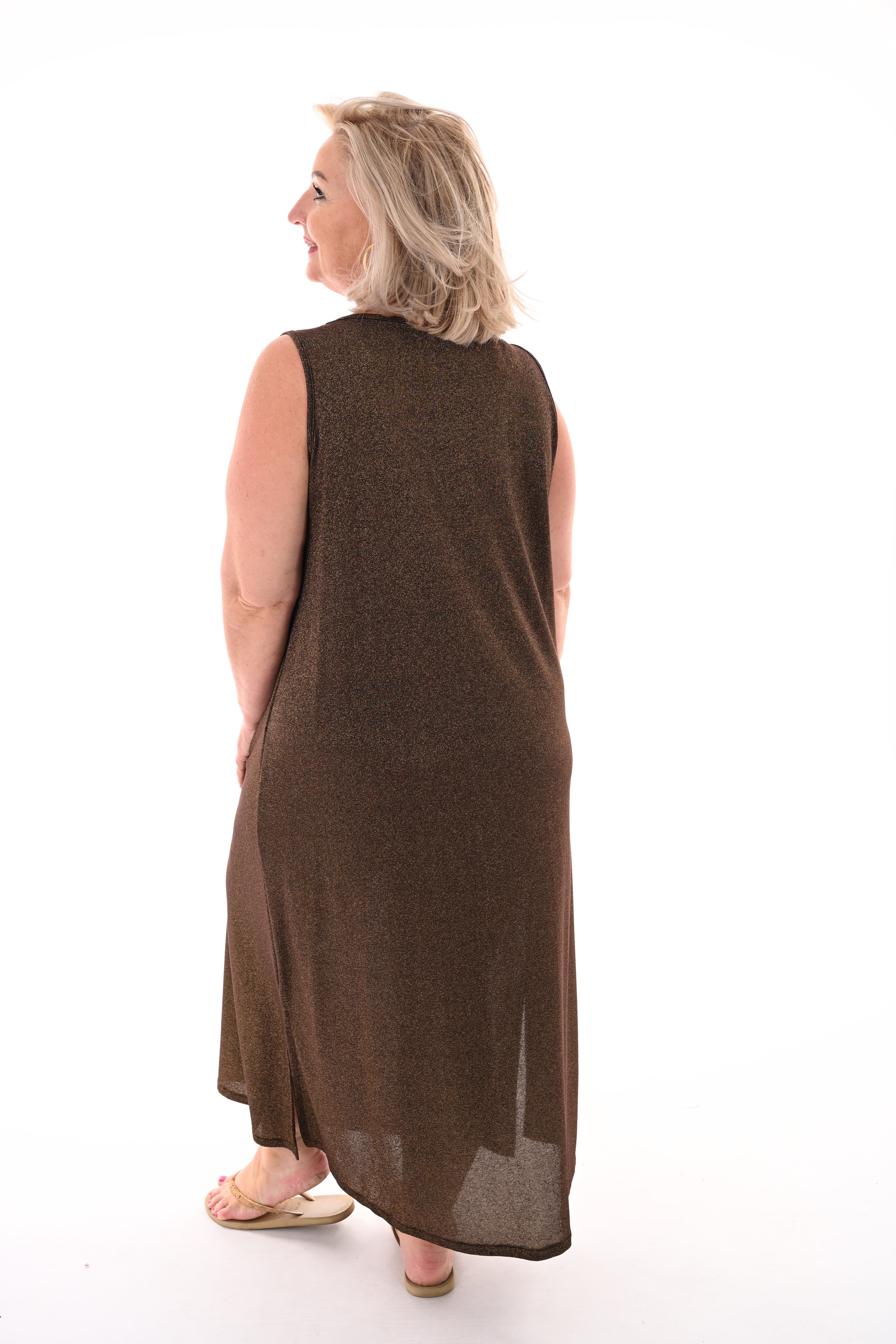 Lange jurk lurex mouwloos bruin