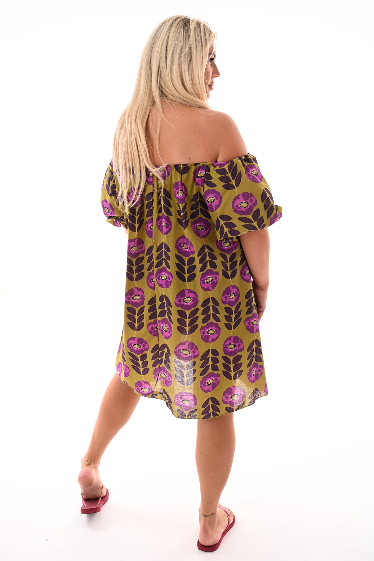 Off-shoulder jurk korte pofmouwen bloemen pistache/paars