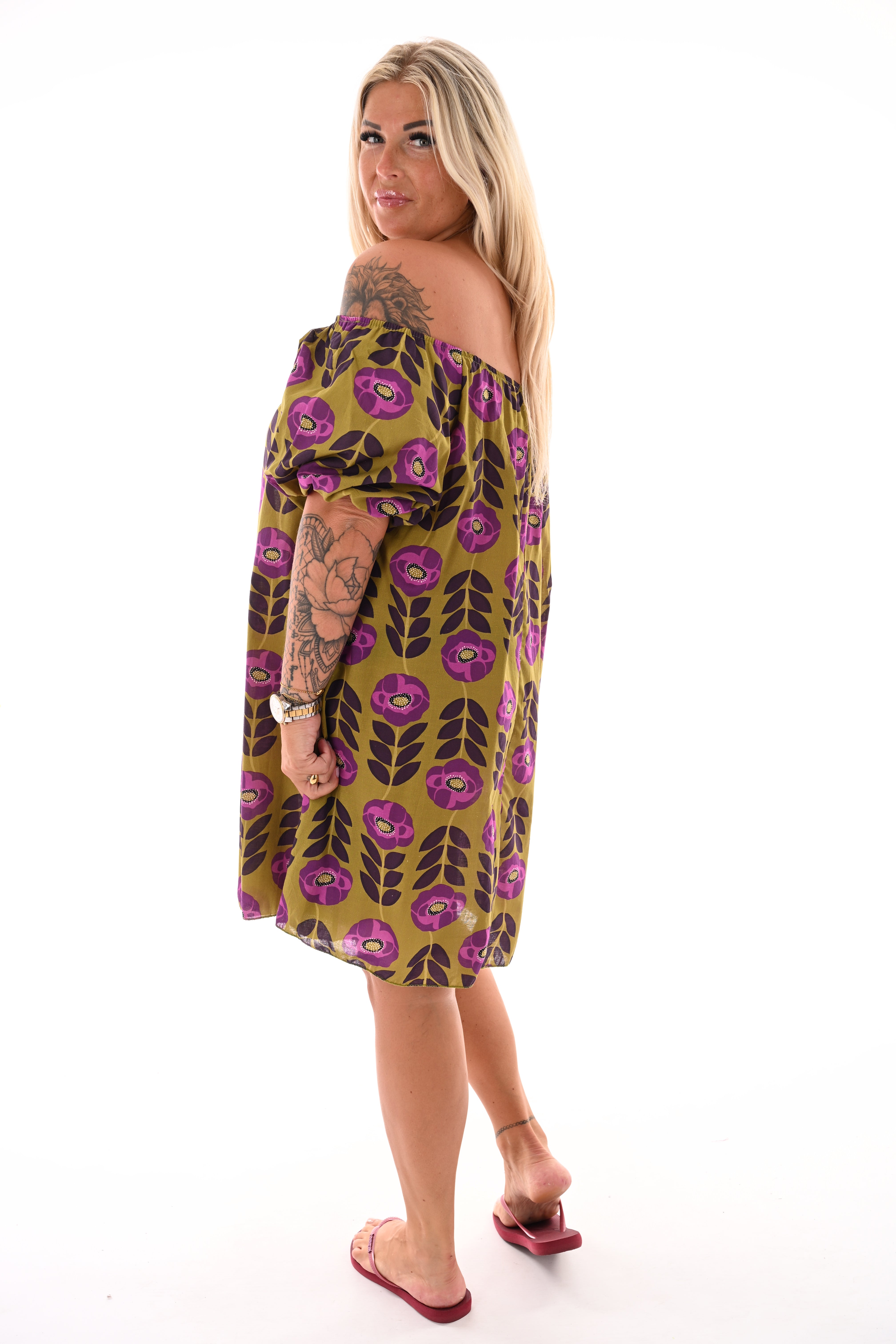 Off-shoulder jurk korte pofmouwen bloemen pistache/paars
