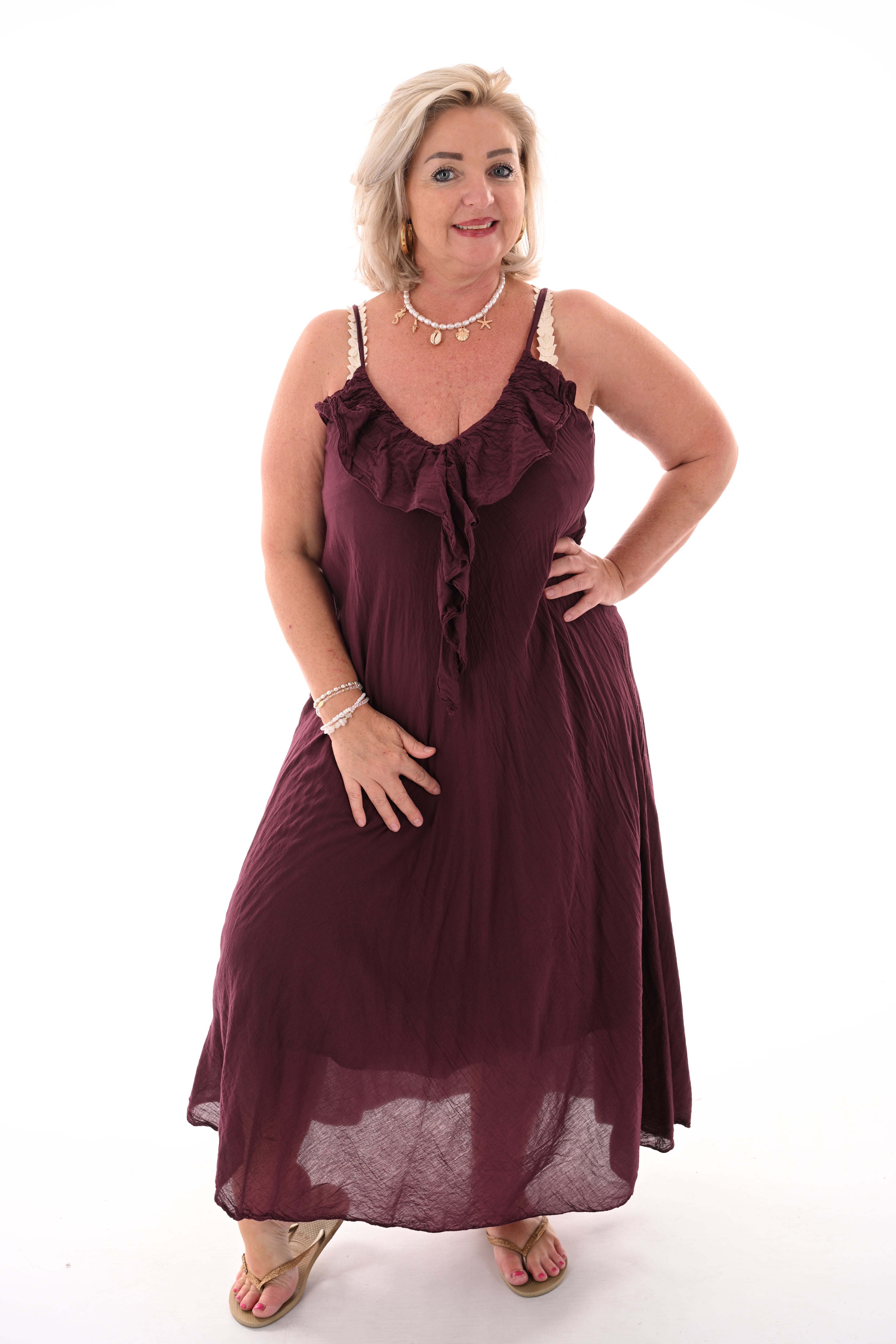 Maxi jurk roezels aubergine