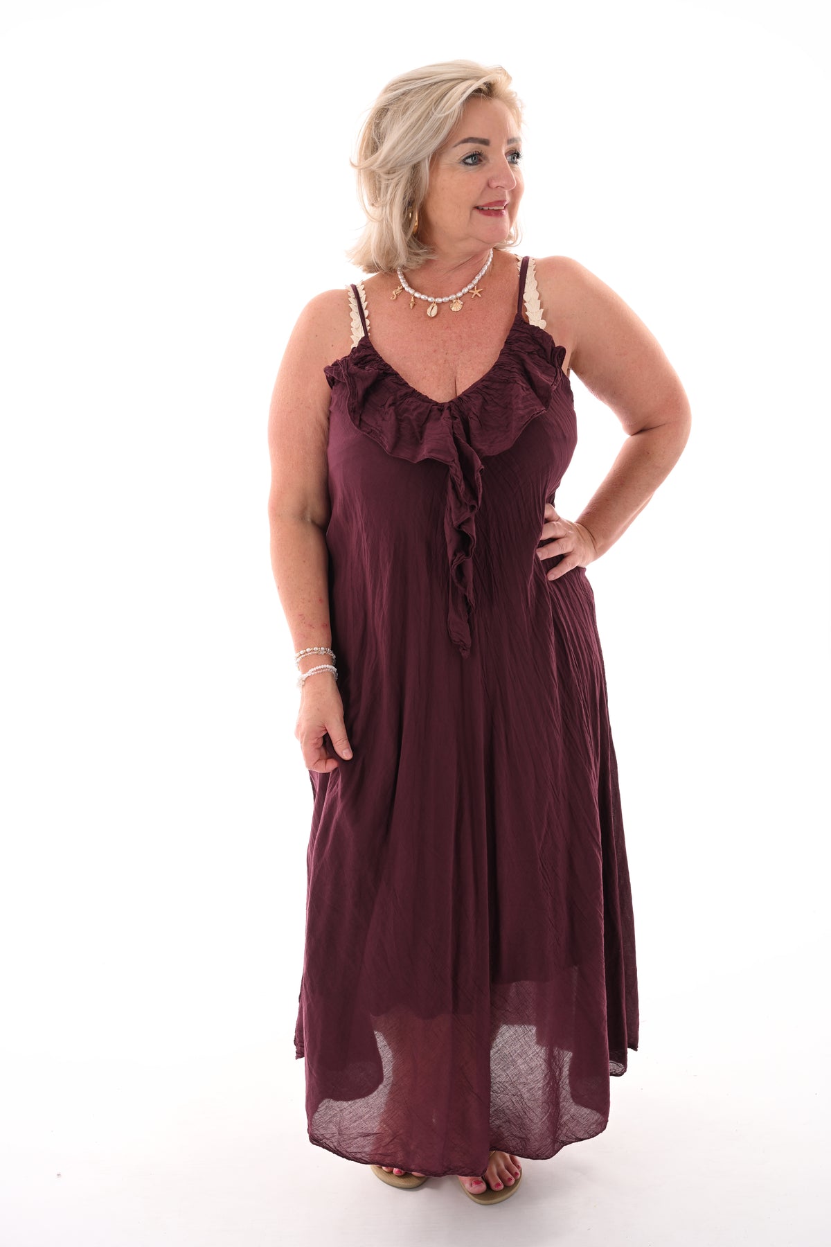 Maxi jurk roezels aubergine