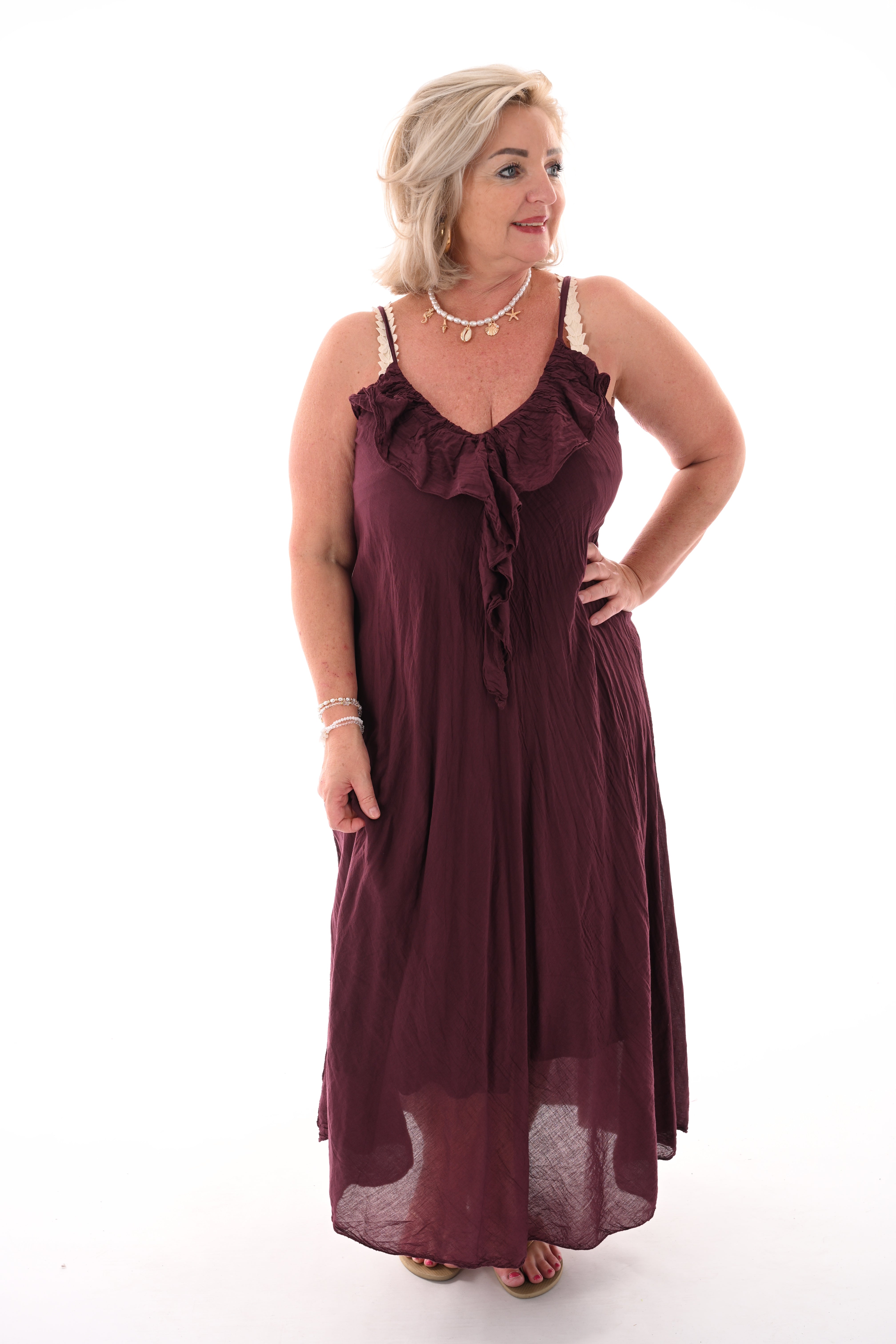 Maxi jurk roezels aubergine