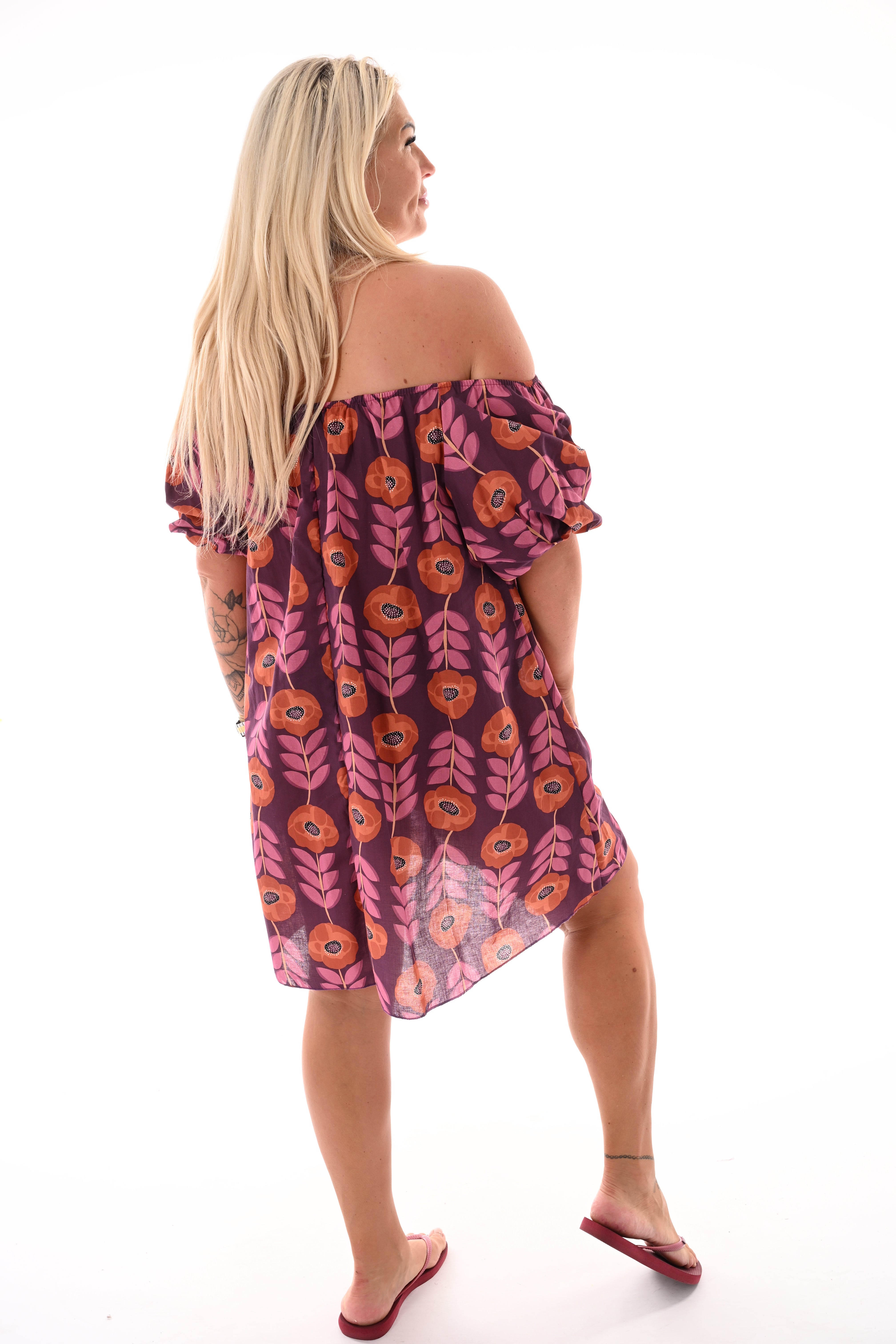 Off-shoulder jurk korte pofmouwen bloemen aubergine/brique