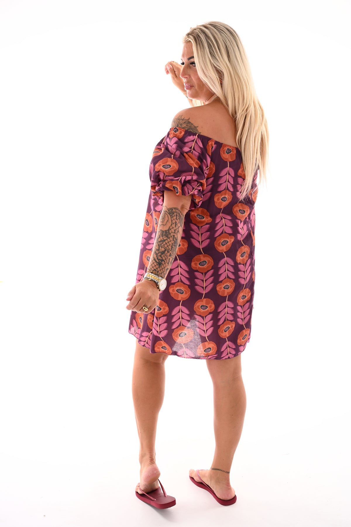 Off-shoulder jurk korte pofmouwen bloemen aubergine/brique