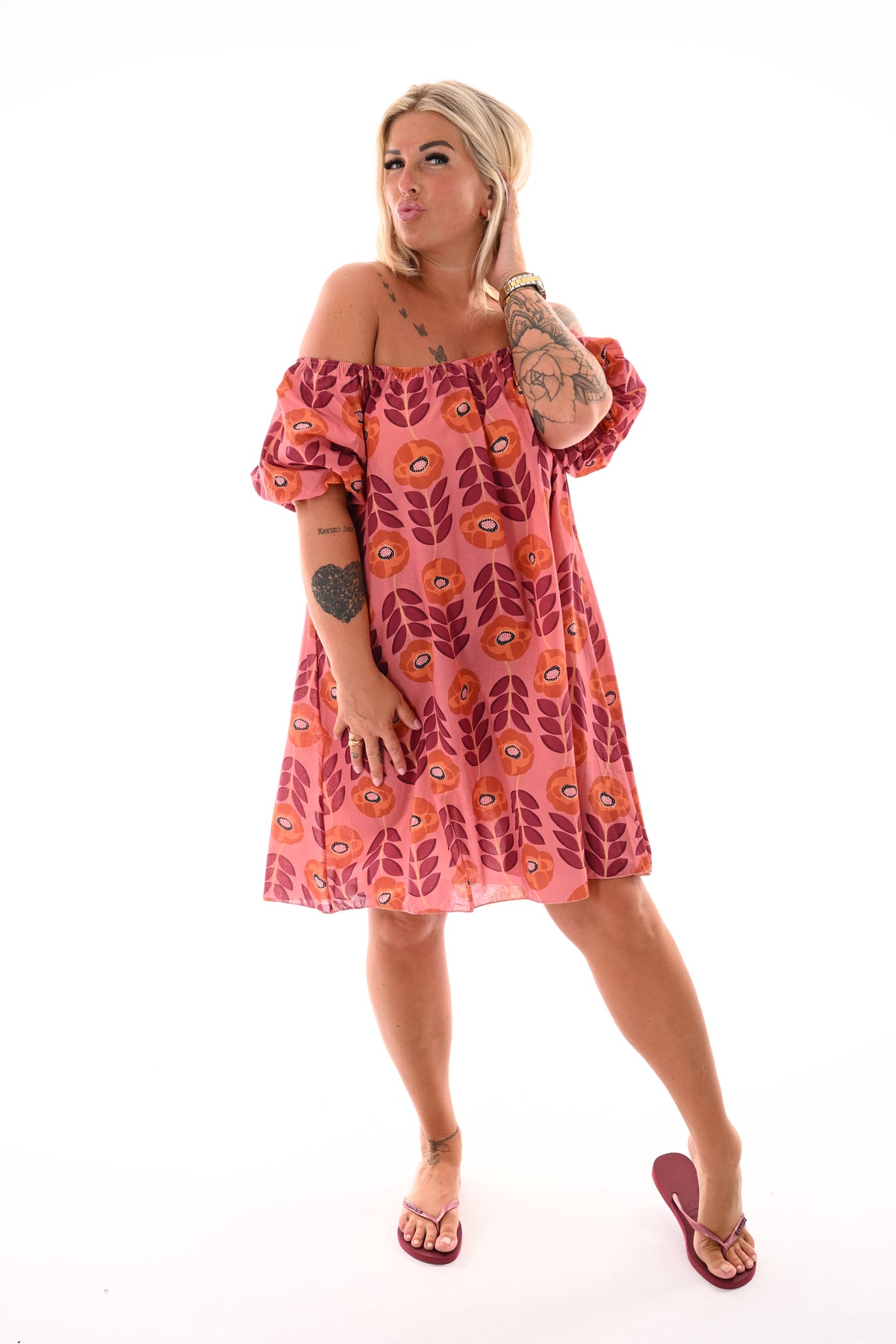 Off-shoulder jurk korte pofmouwen bloemen mauve/brique