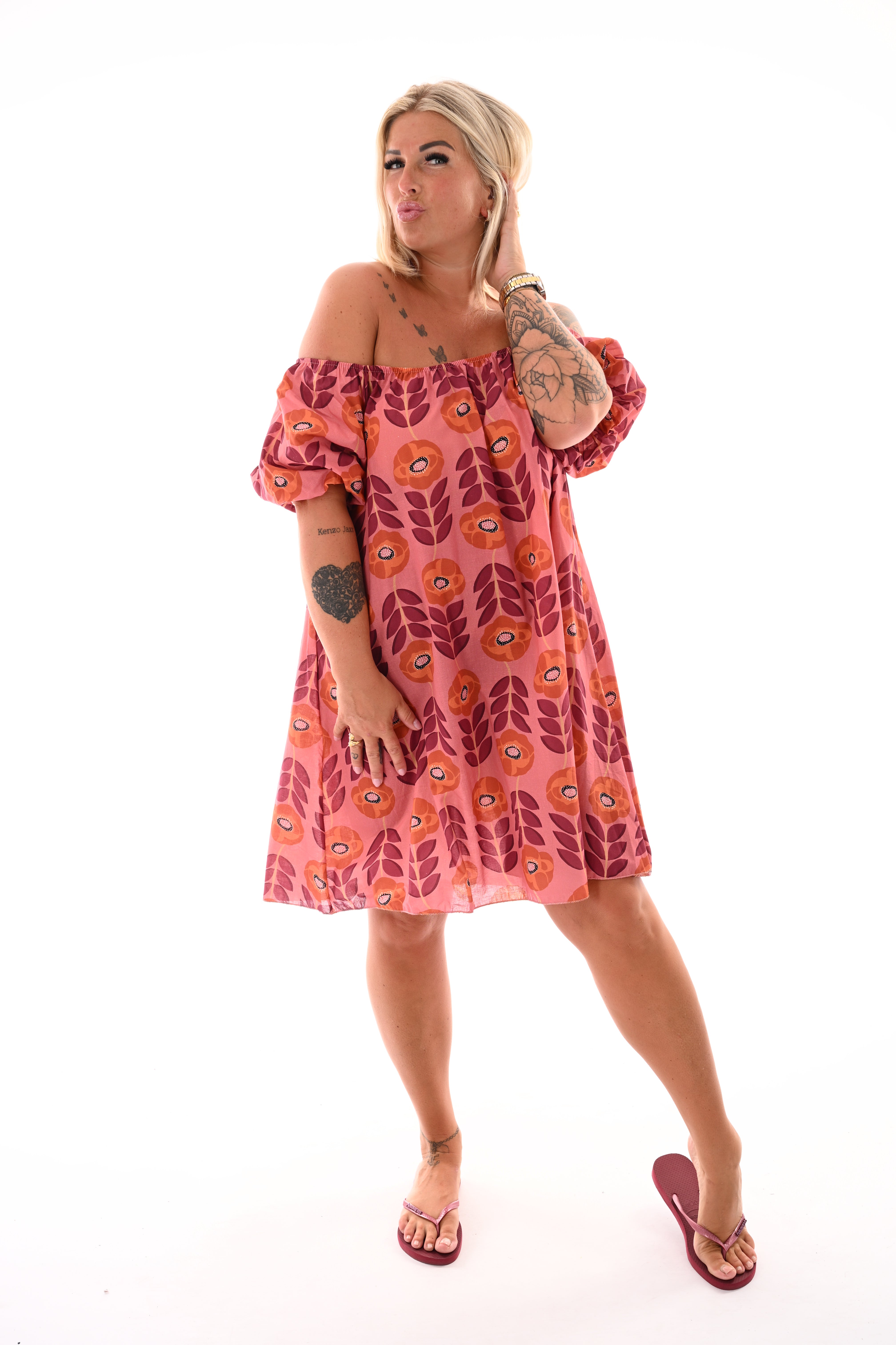 Off-shoulder jurk korte pofmouwen bloemen mauve/brique