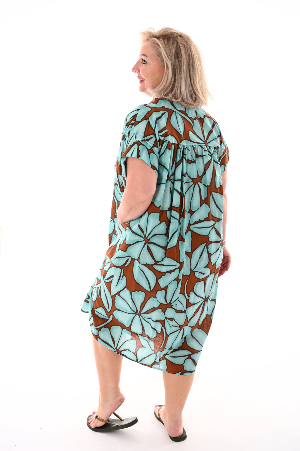 Tuniek v-hals print bladeren turquoise/bruin