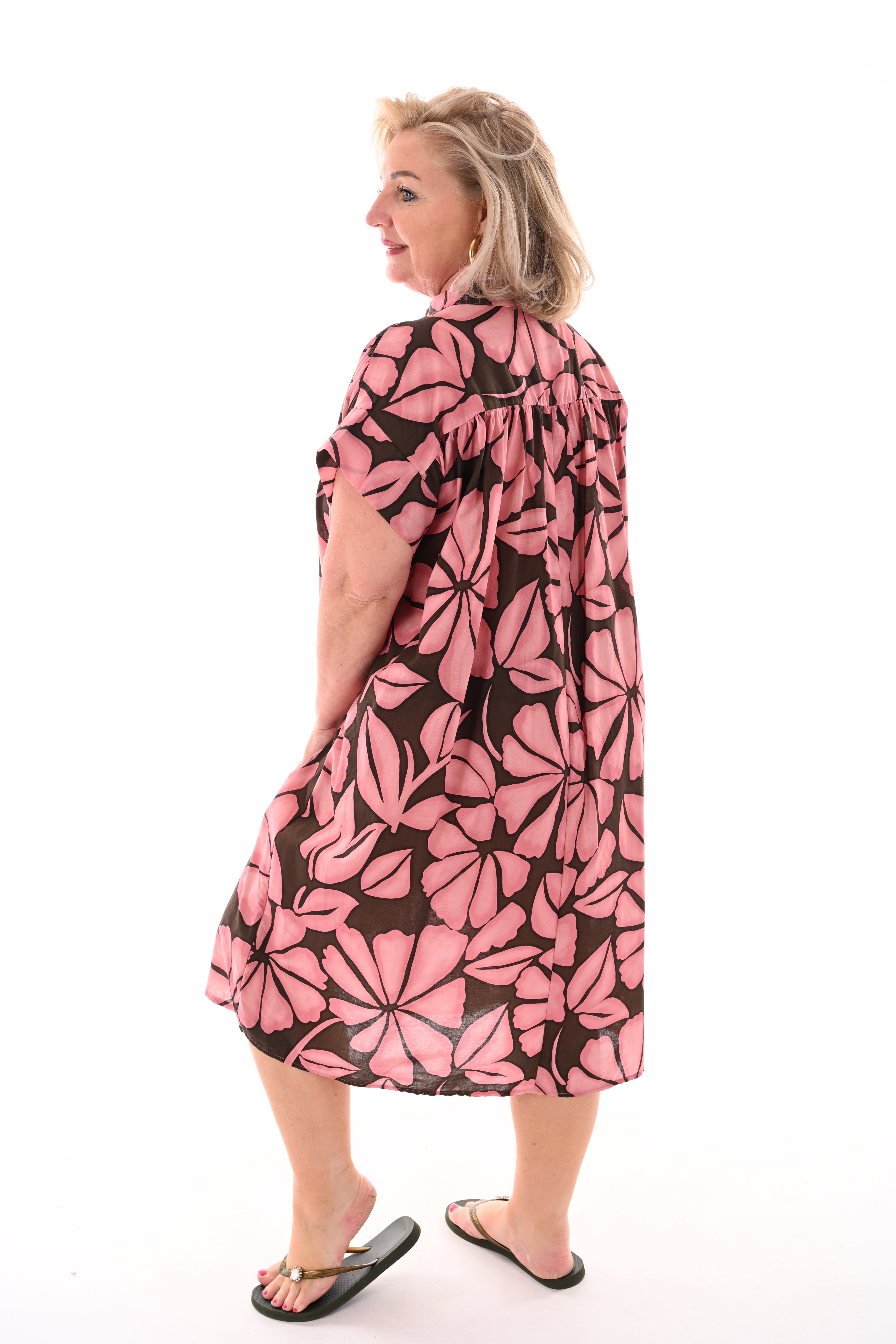 Tuniek v-hals print bladeren lichtroze/donkerbruin