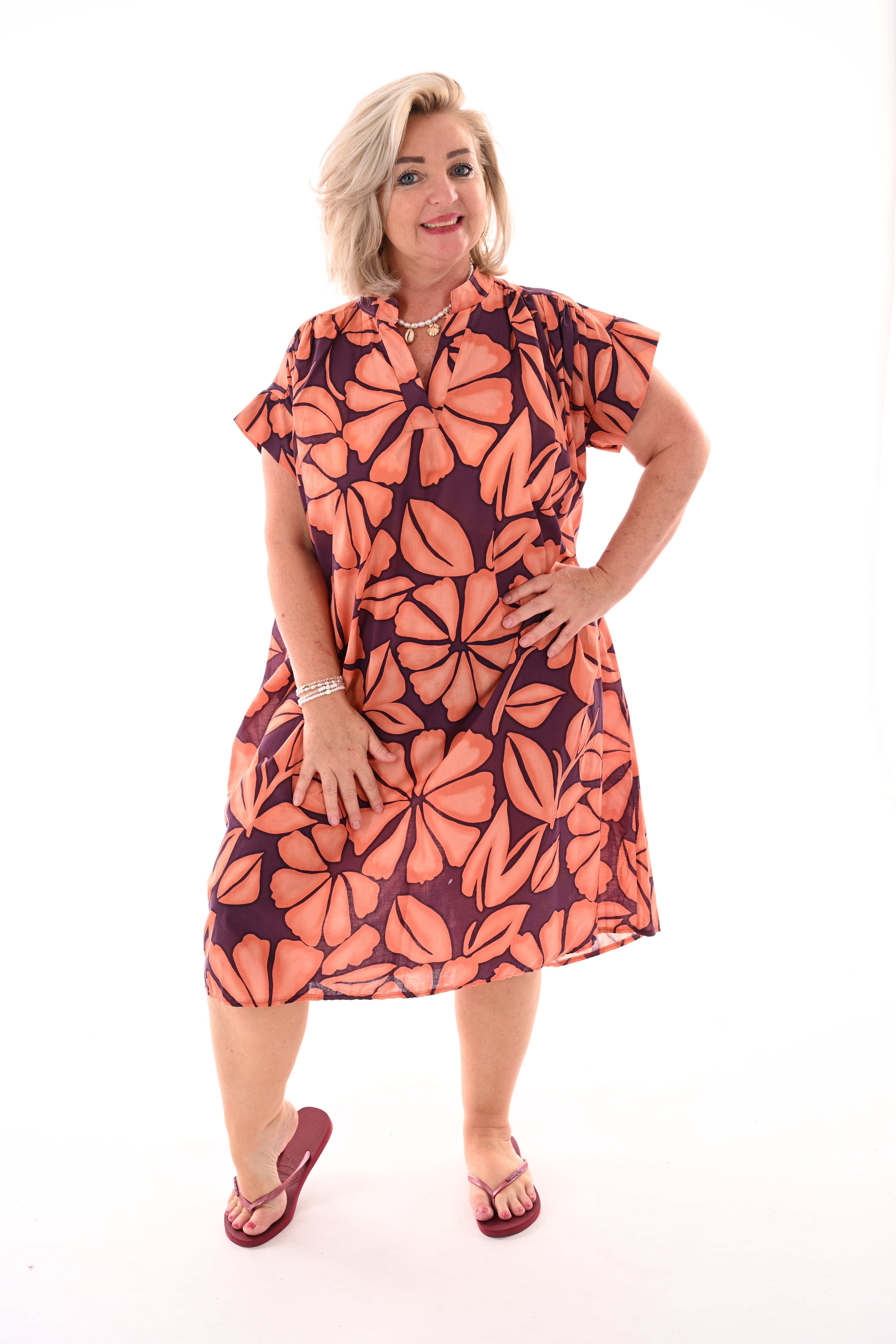 Tuniek v-hals print bladeren oranje/aubergine