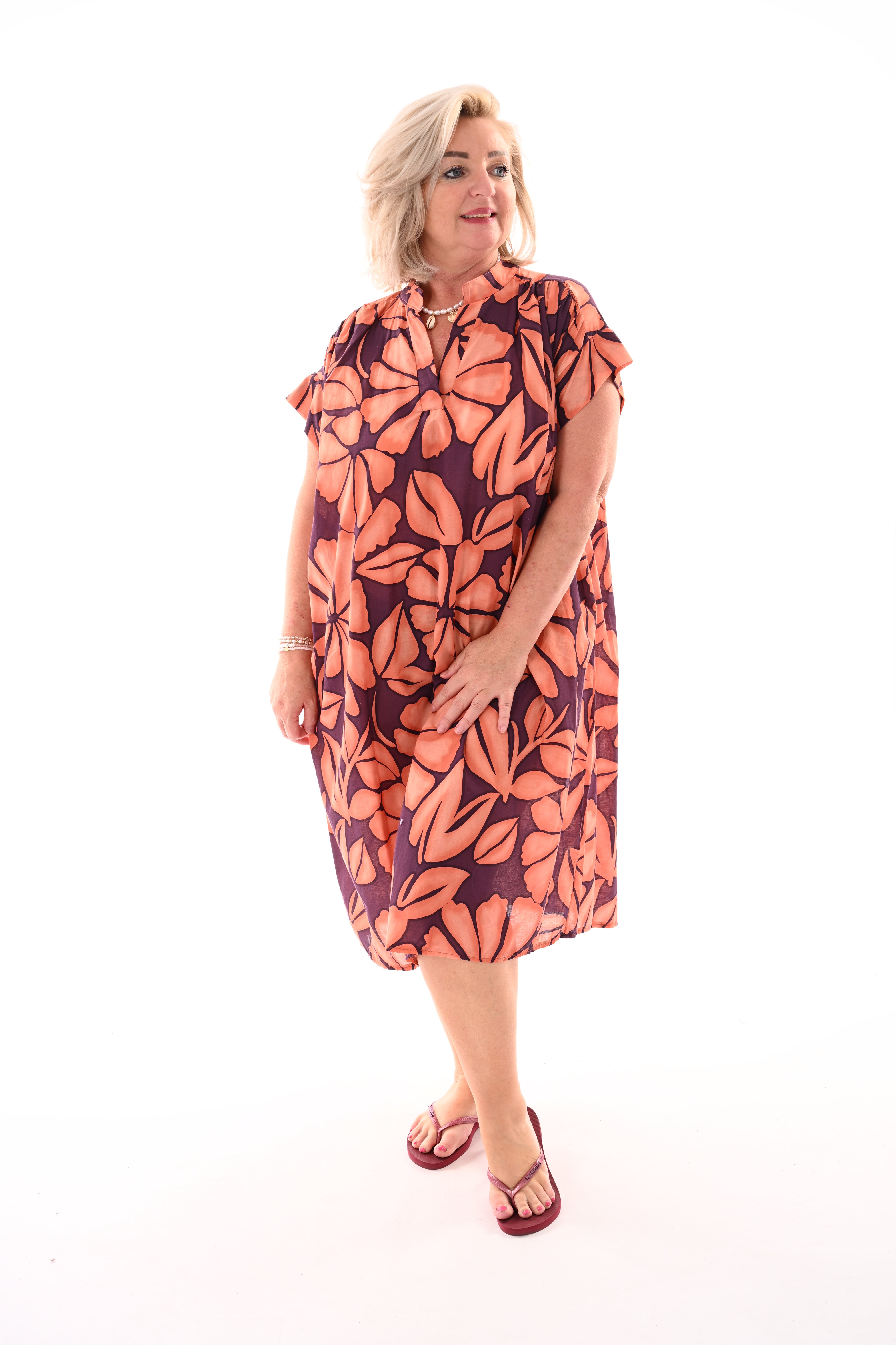 Tuniek v-hals print bladeren oranje/aubergine