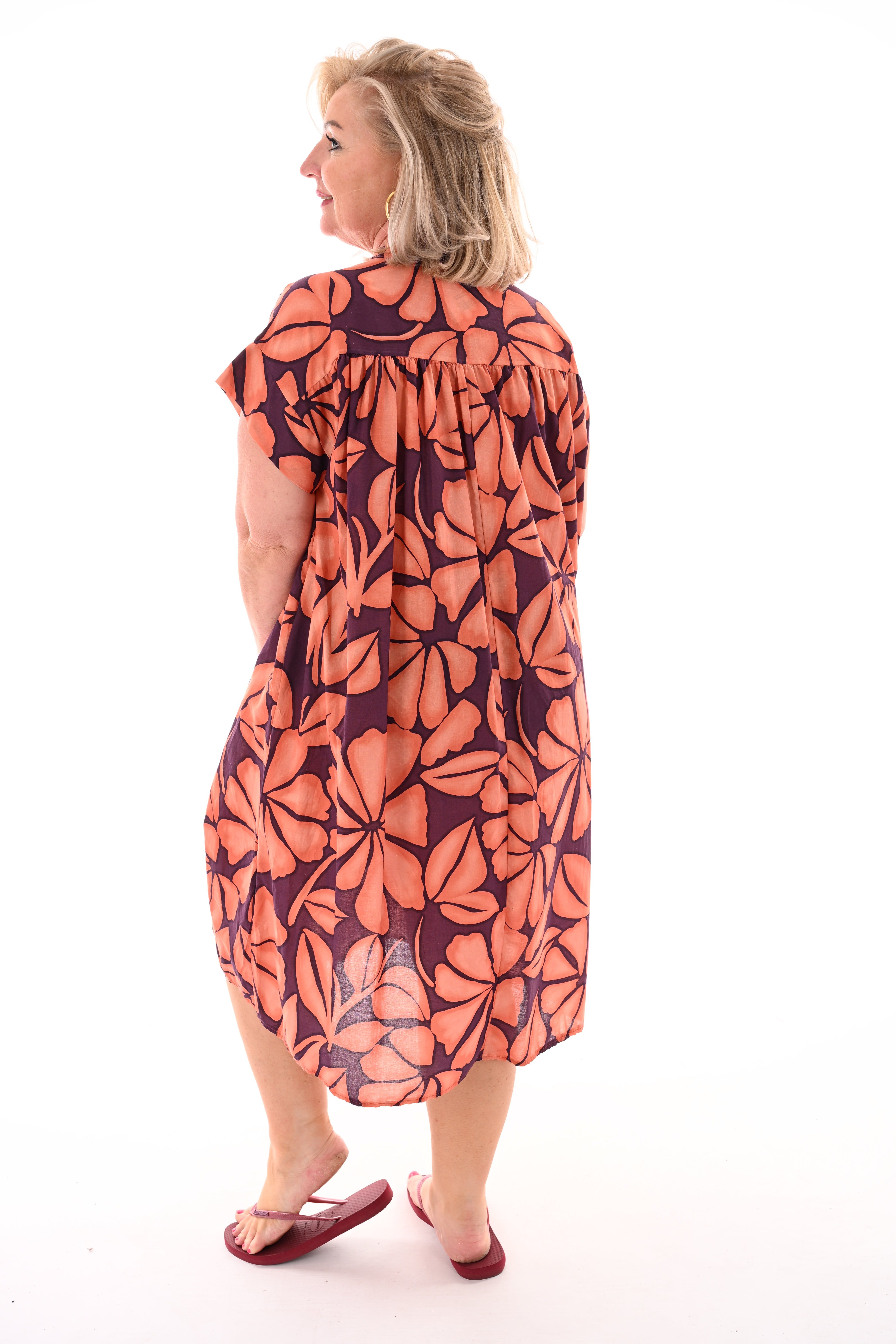 Tuniek v-hals print bladeren oranje/aubergine