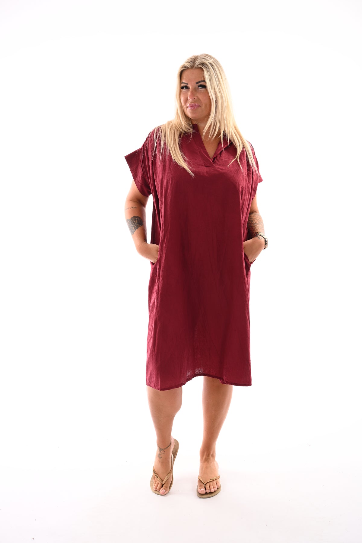 Basic tuniek v-hals met zakken bordeaux