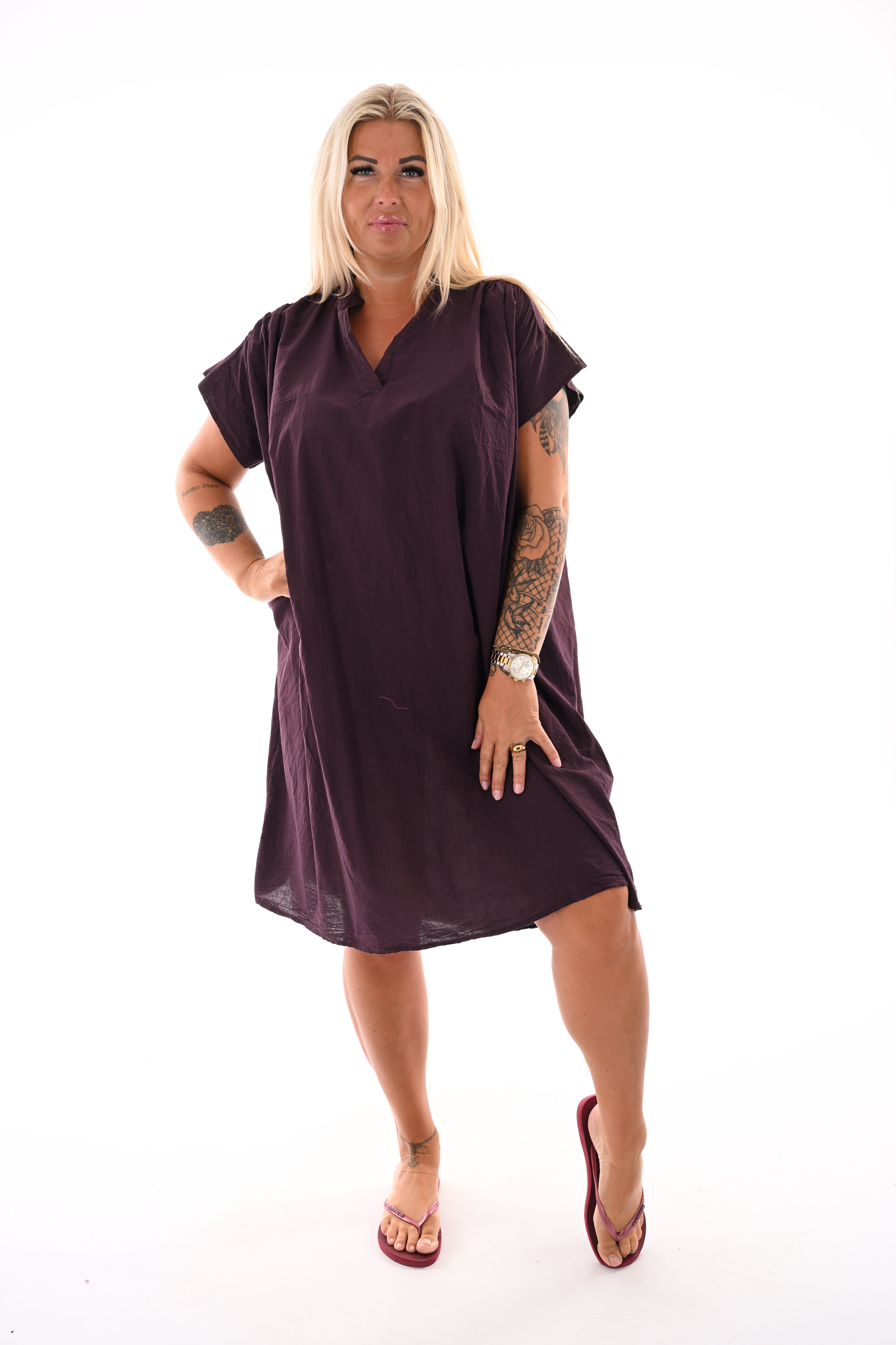 Basic tuniek v-hals met zakken aubergine