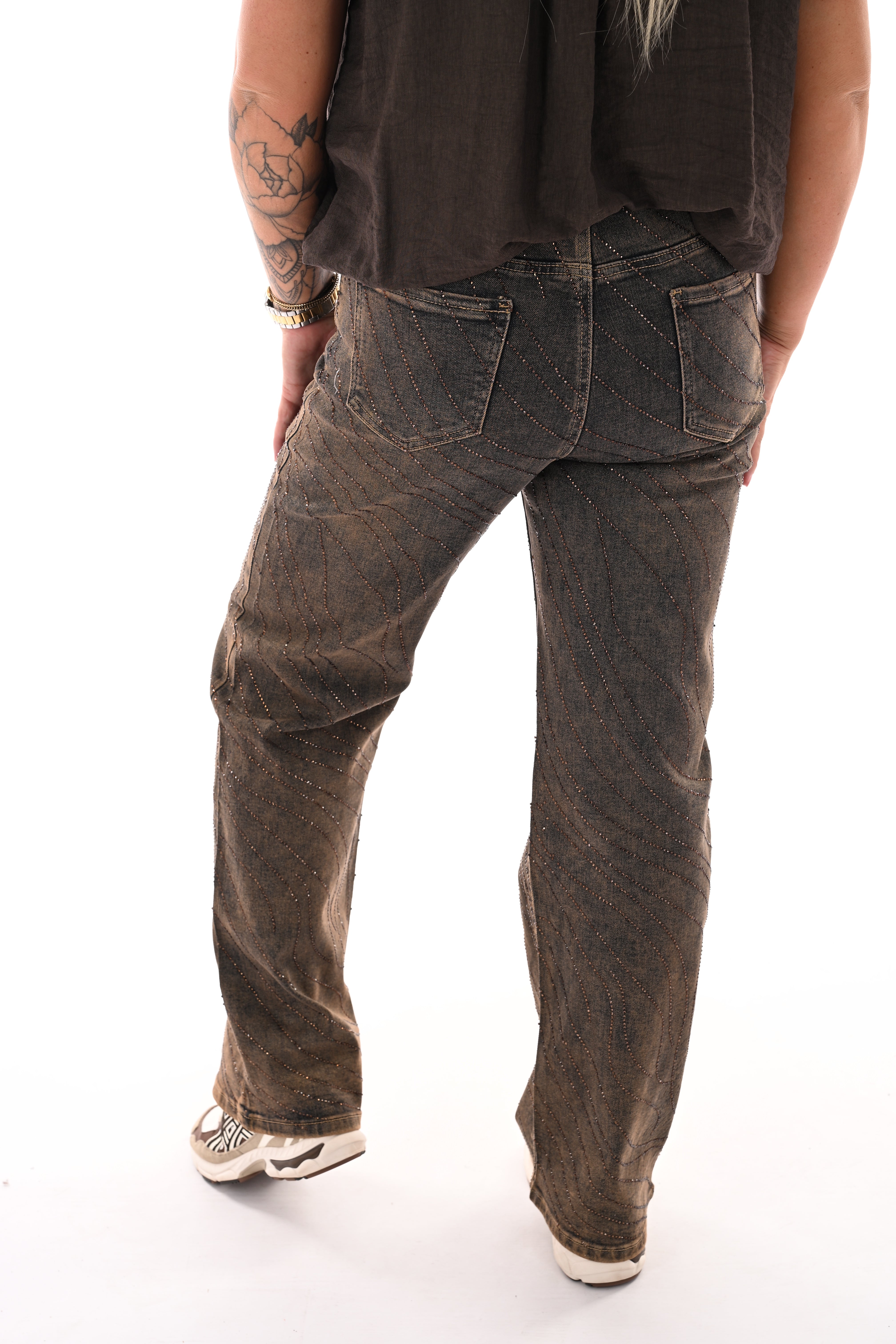 Goodies wide leg strass stonewash bruin