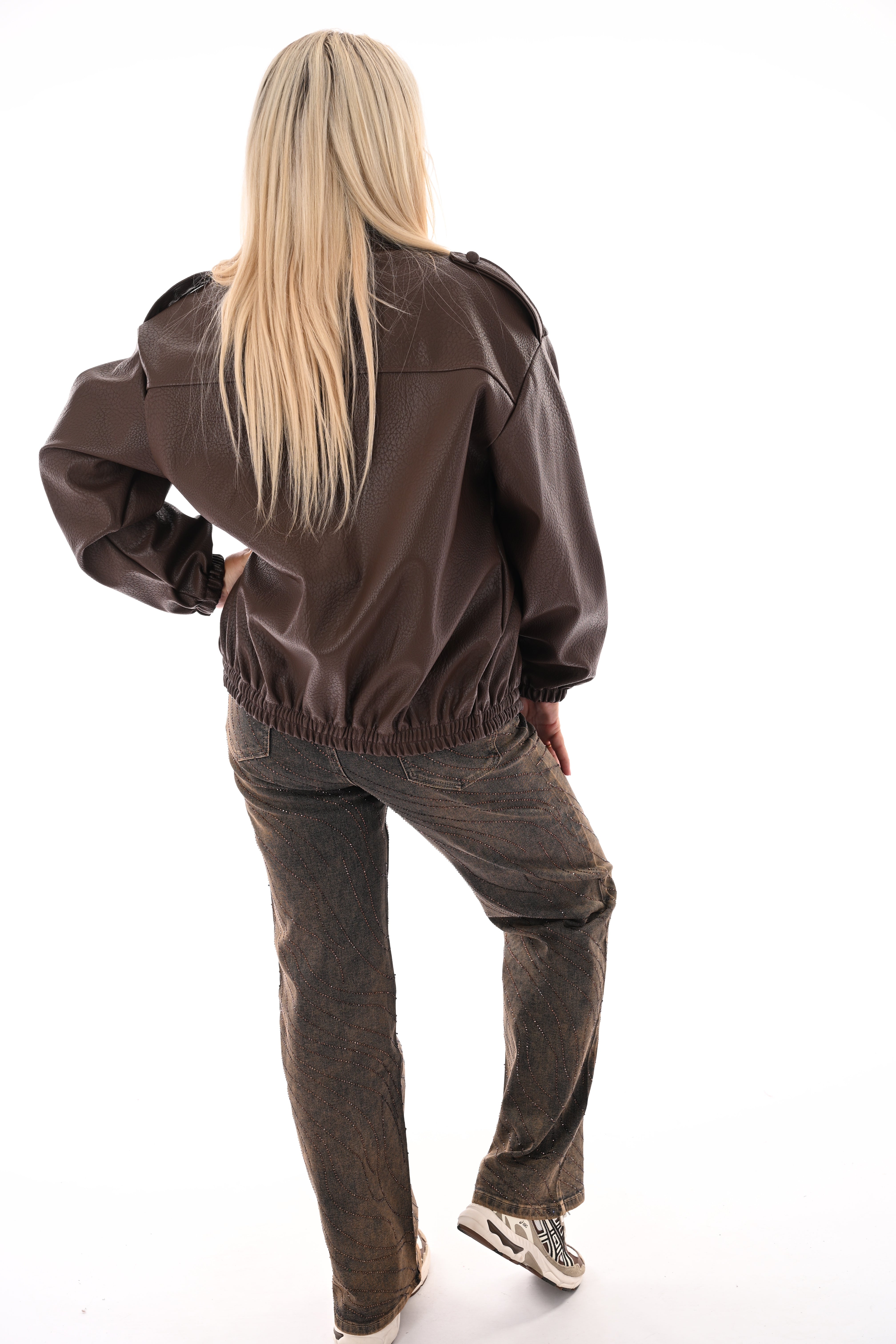 Leather look jasje overslag  bruin