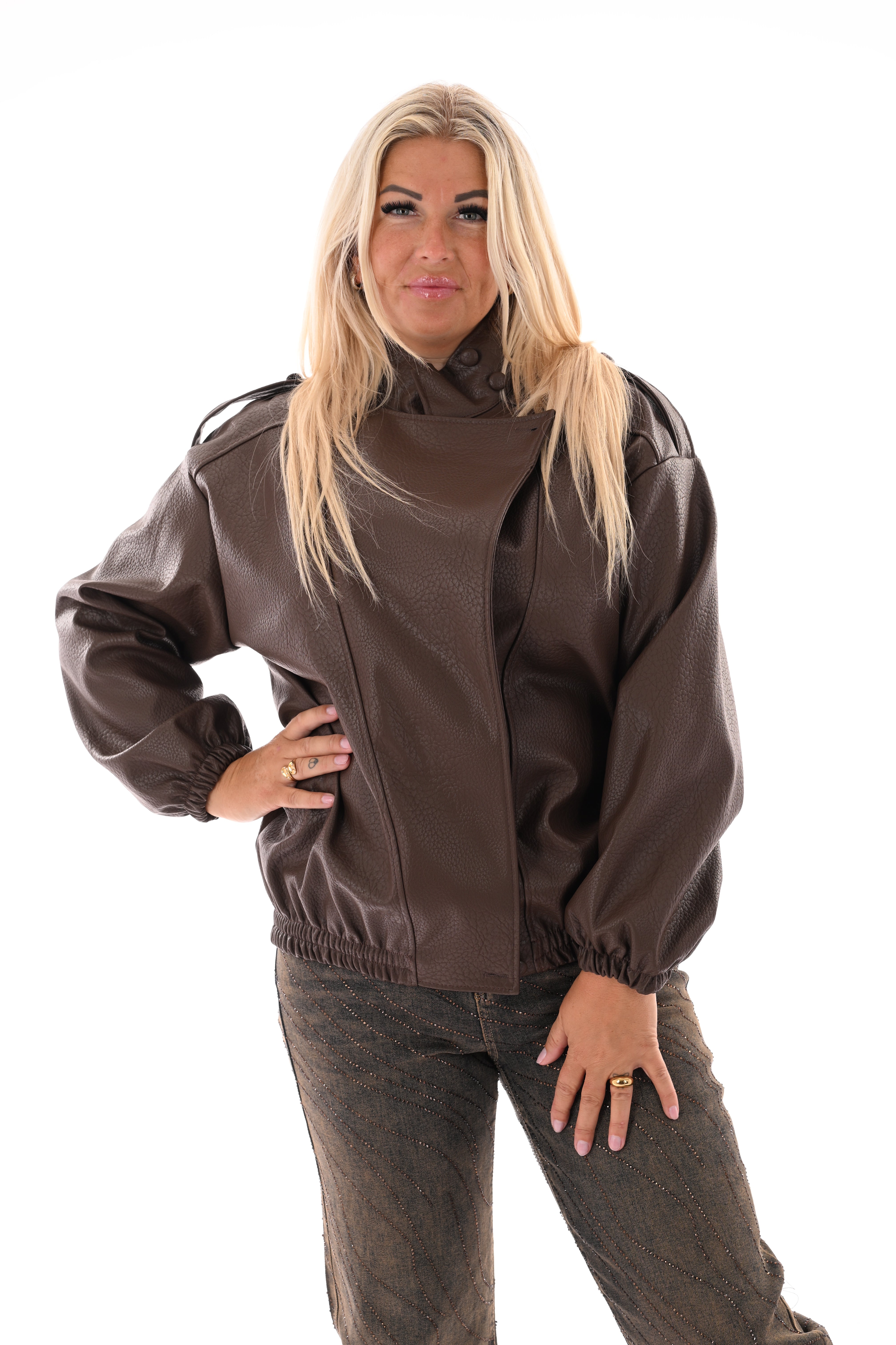 Leather look jasje overslag  bruin