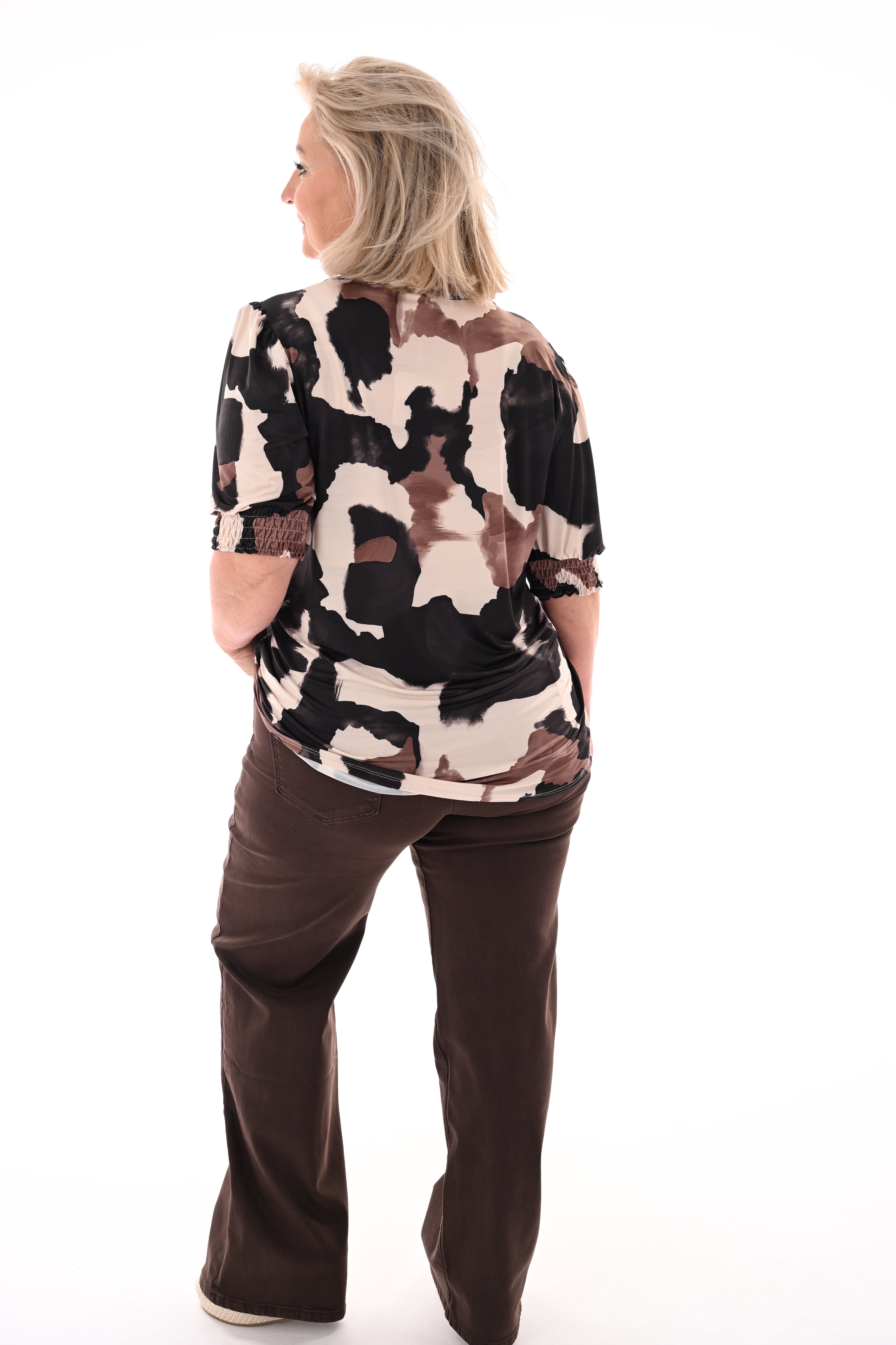 Top v-hals koeien print zwart