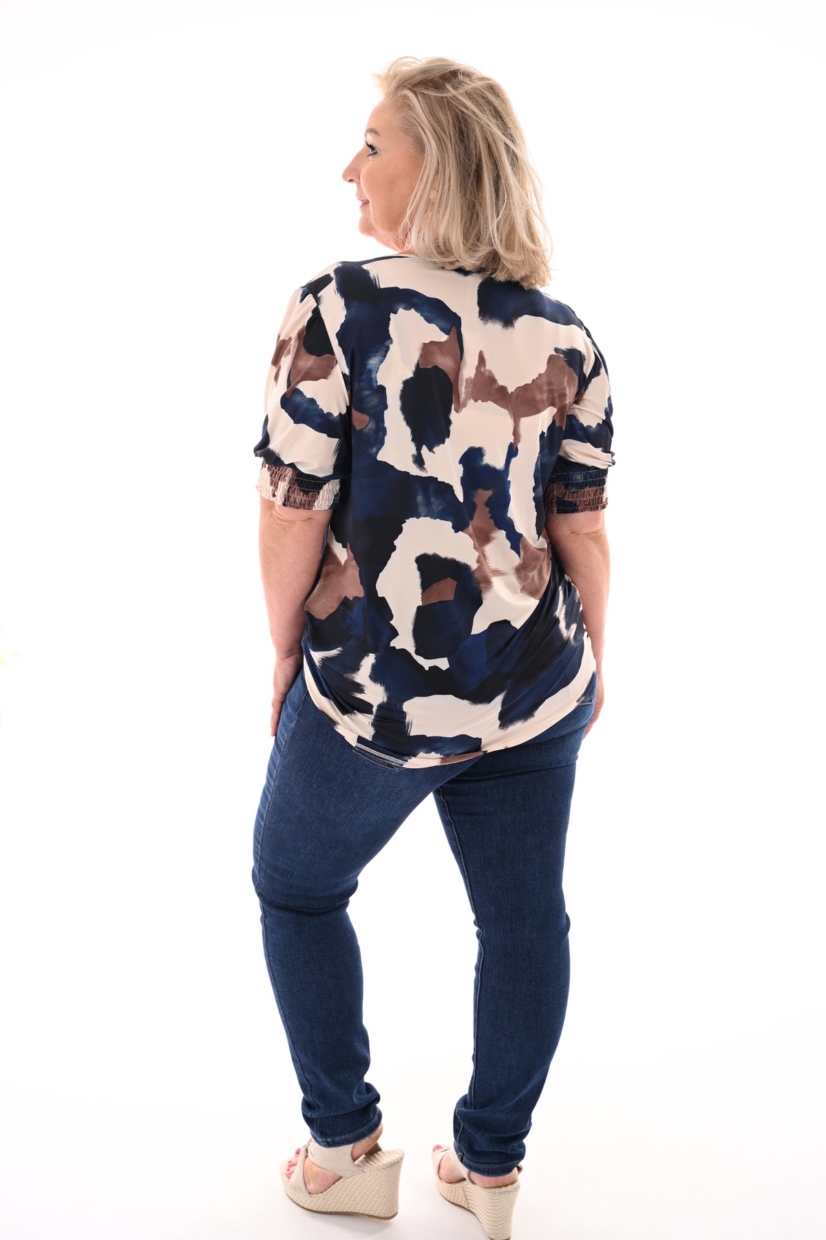 Top v-hals koeien print marineblauw