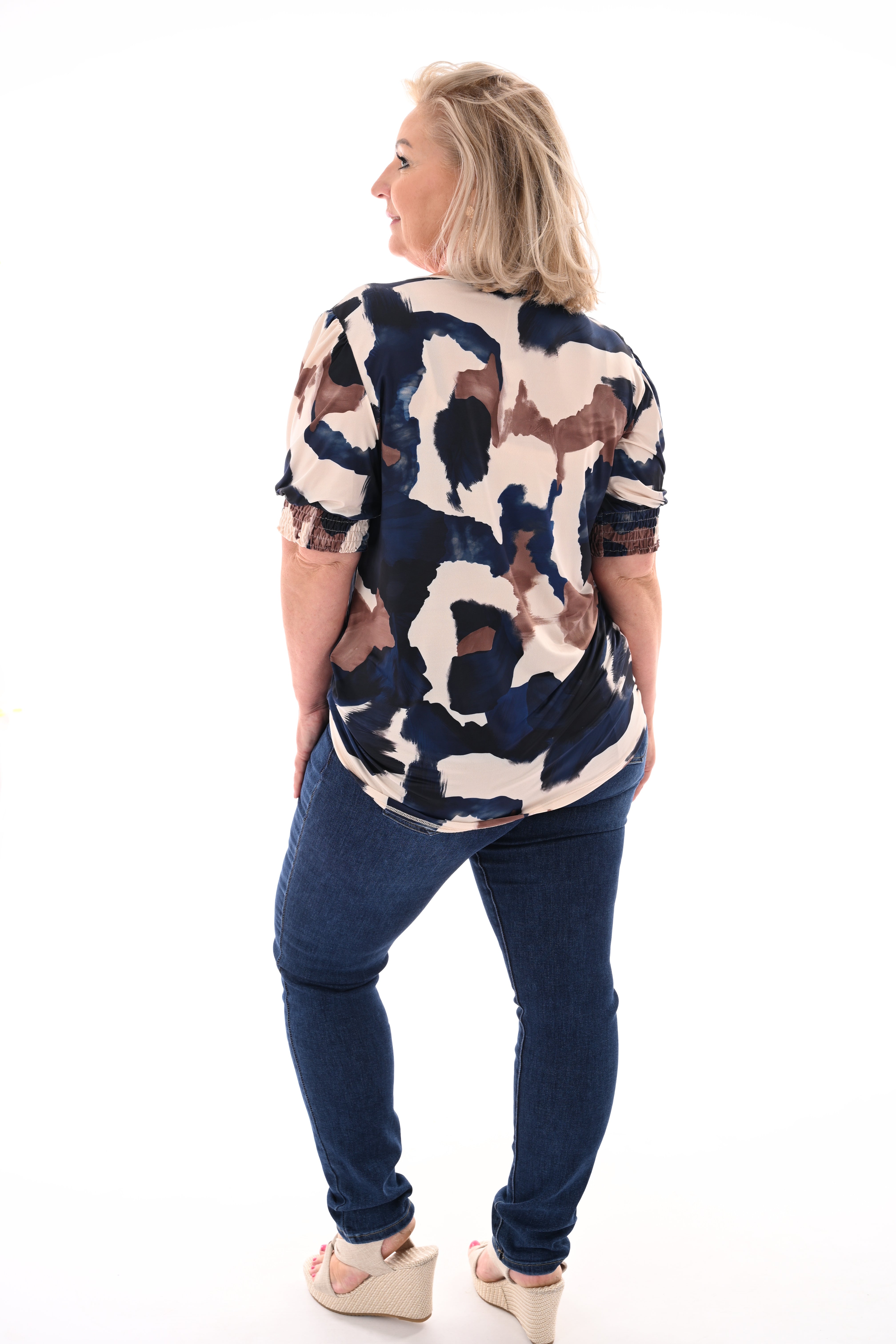 Top v-hals koeien print marineblauw