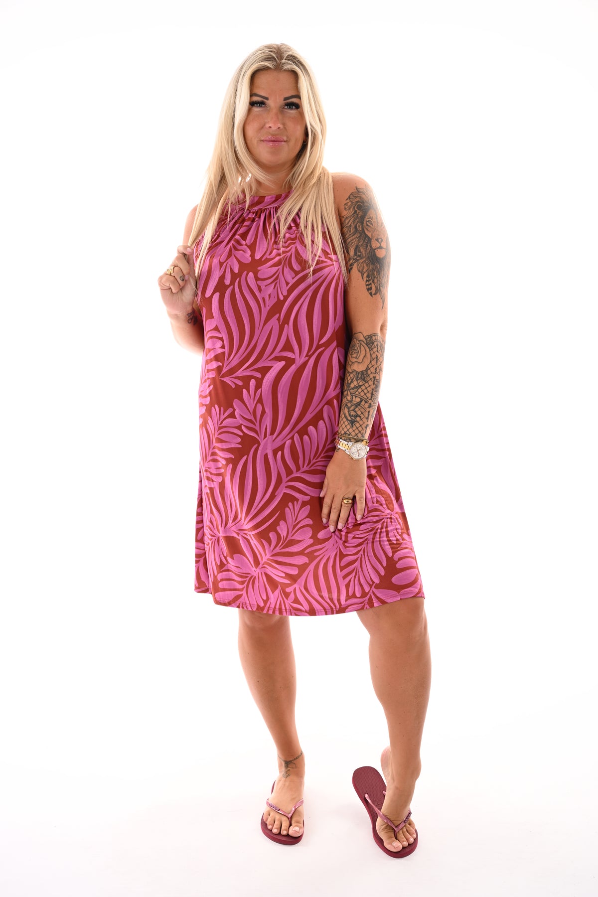 Halter jurk print bladeren bruin/cyclaam