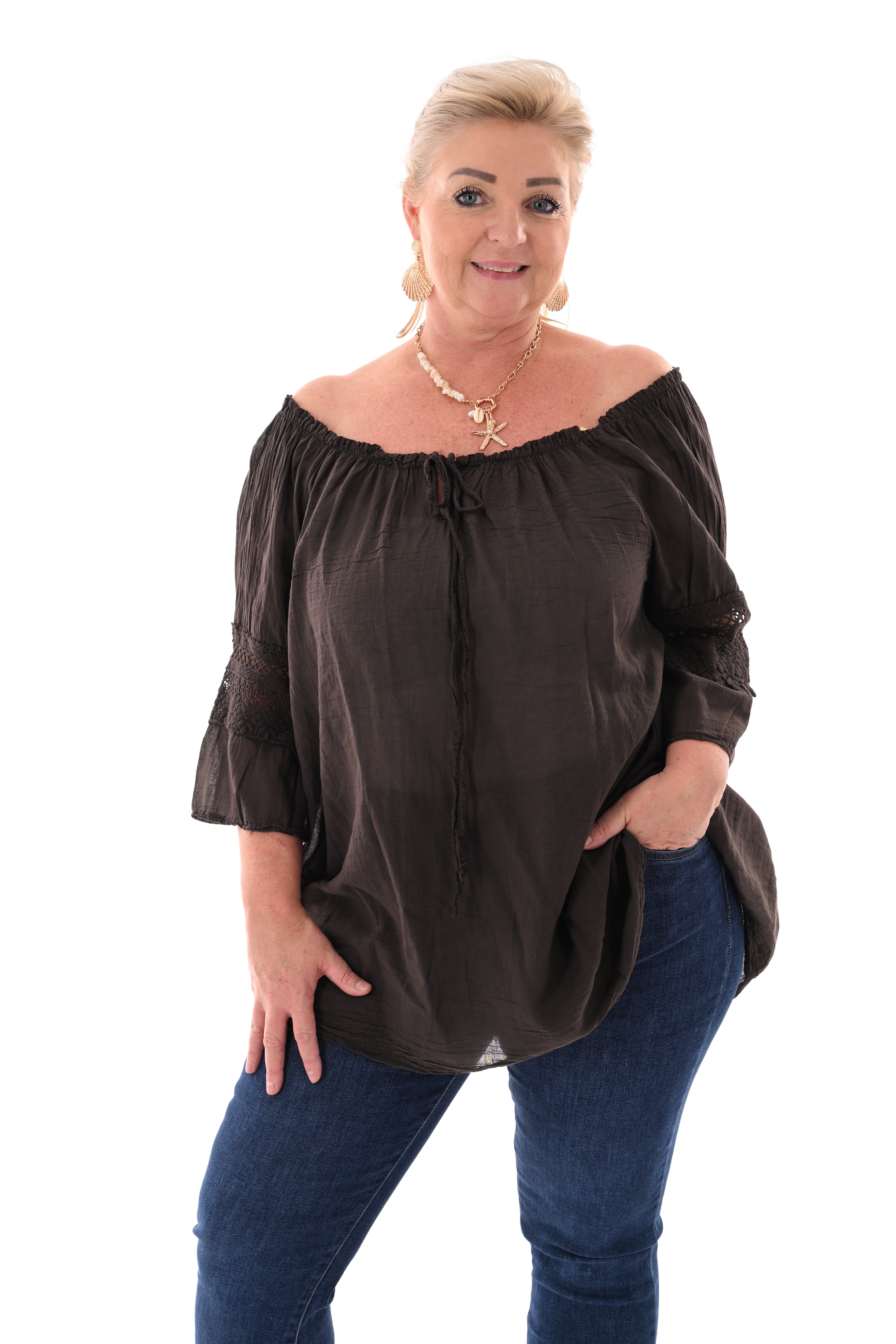 Top off-shoulder broderie donkerbruin