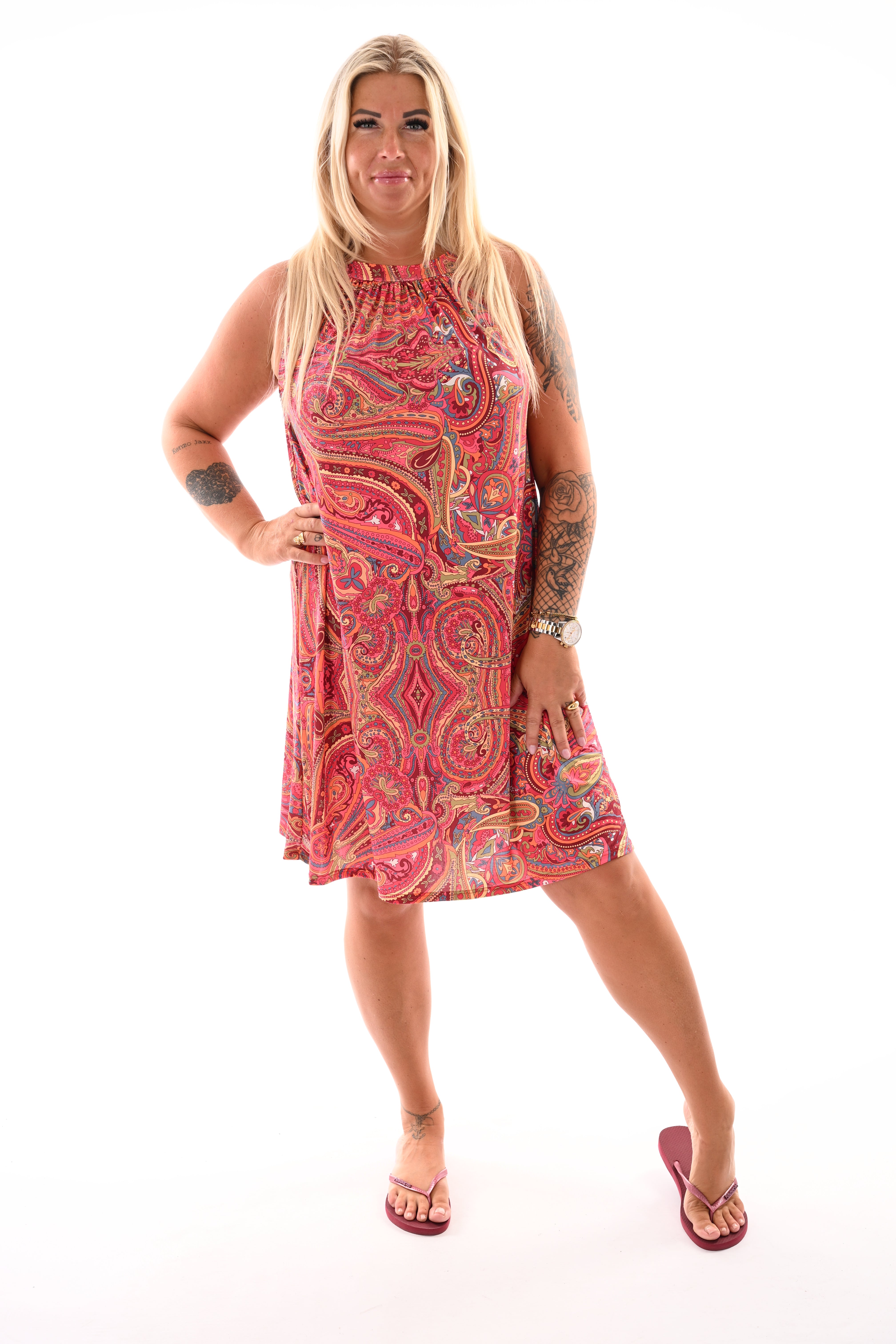 Halter jurk print paisley bordeaux/roze