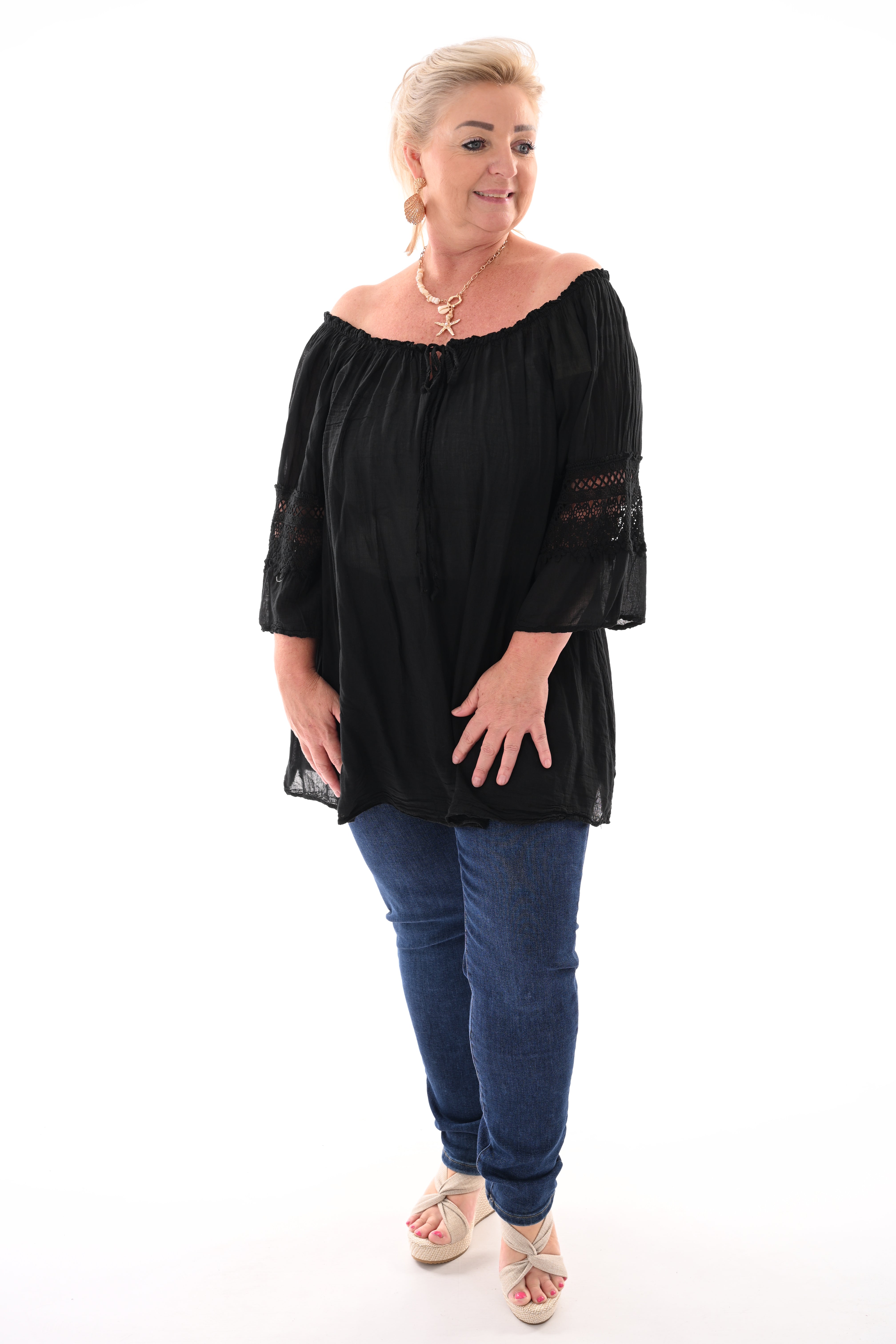 Top off-shoulder broderie zwart